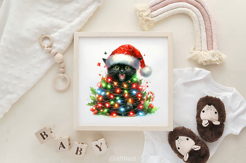 Black Cat Wrapped In Christmas Lights Clipart Bundle - CraftNest - Digital Crafting and Art