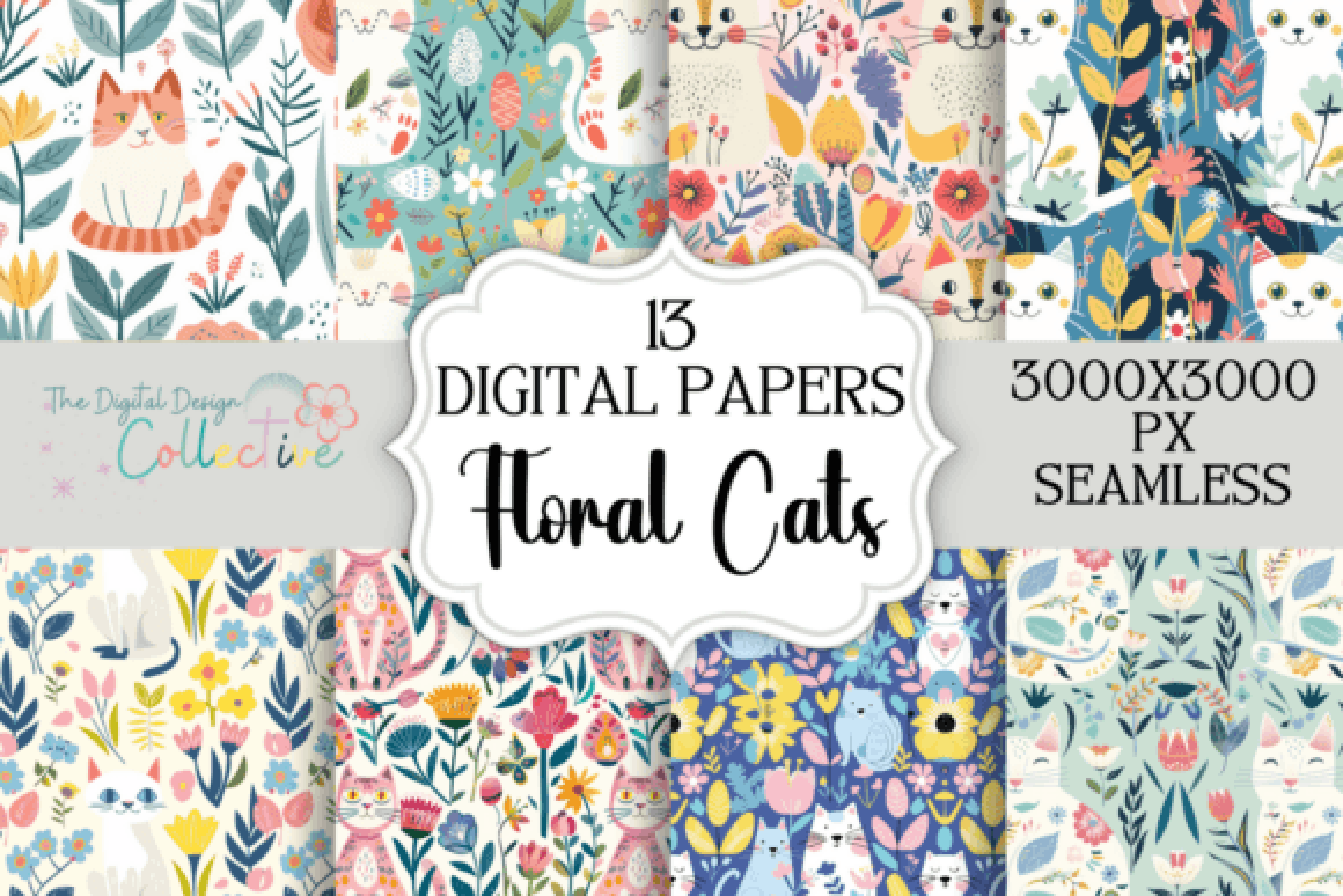 Cat Floral Seamless Digital Paper