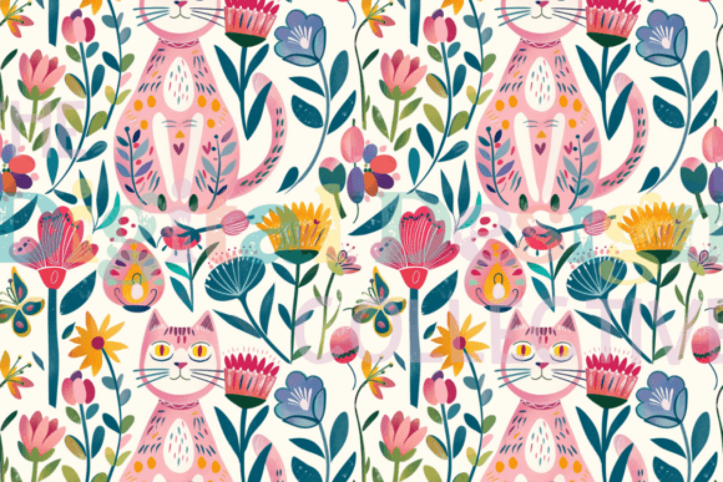 Cat Floral Seamless Digital Paper