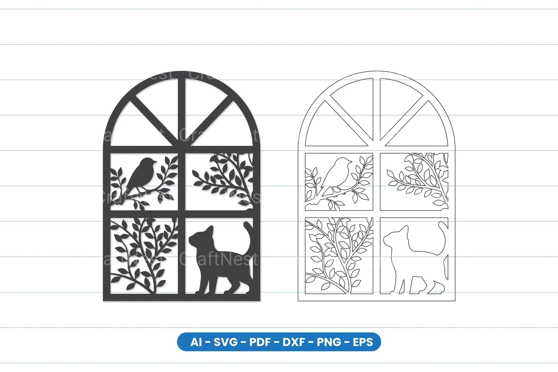 Cat and Bird Window Scene Laser Cut SVG Bundle - CraftNest - Digital Crafting and Art