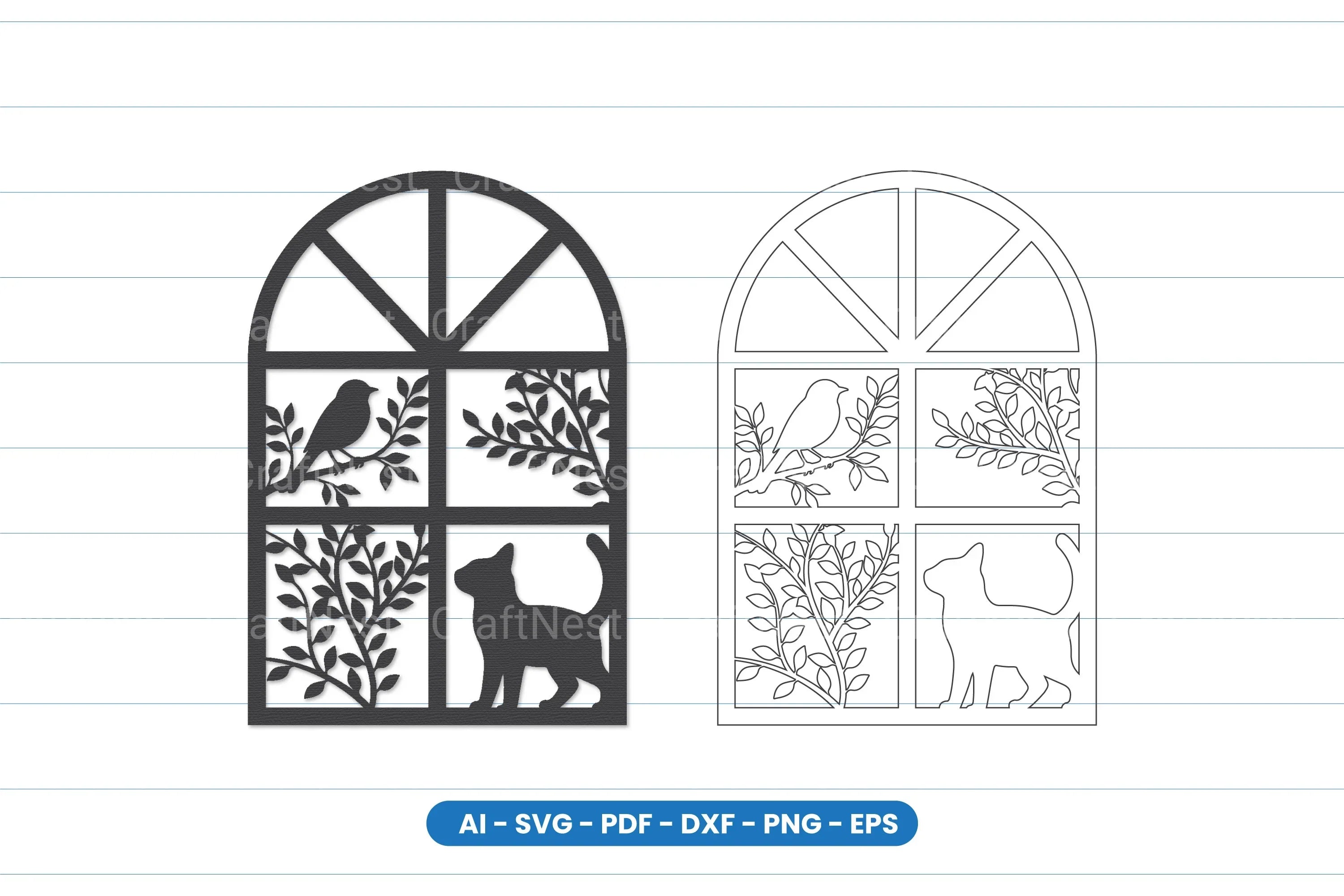 Cat and Bird Window Scene Laser Cut SVG Bundle - CraftNest - Digital Crafting and Art