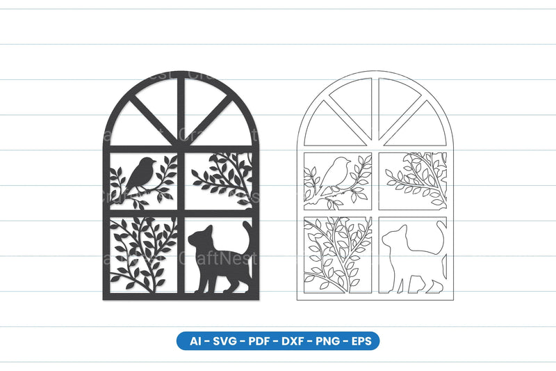 Cat and Bird Window Scene Laser Cut SVG Bundle - CraftNest - Digital Crafting and Art