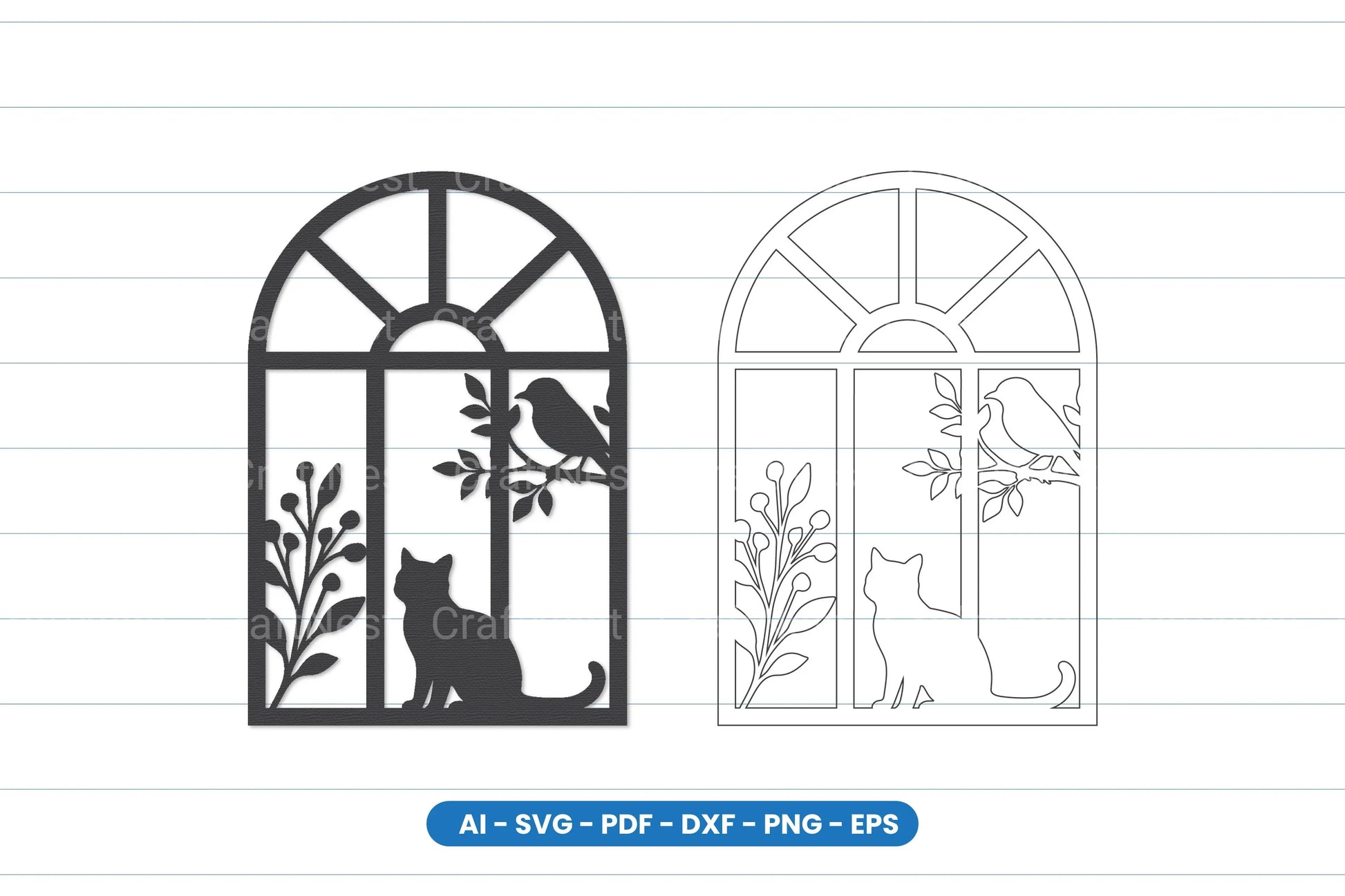 Cat and Bird Window Scene Laser Cut Clipart Bundle - CraftNest - Digital Crafting and Art