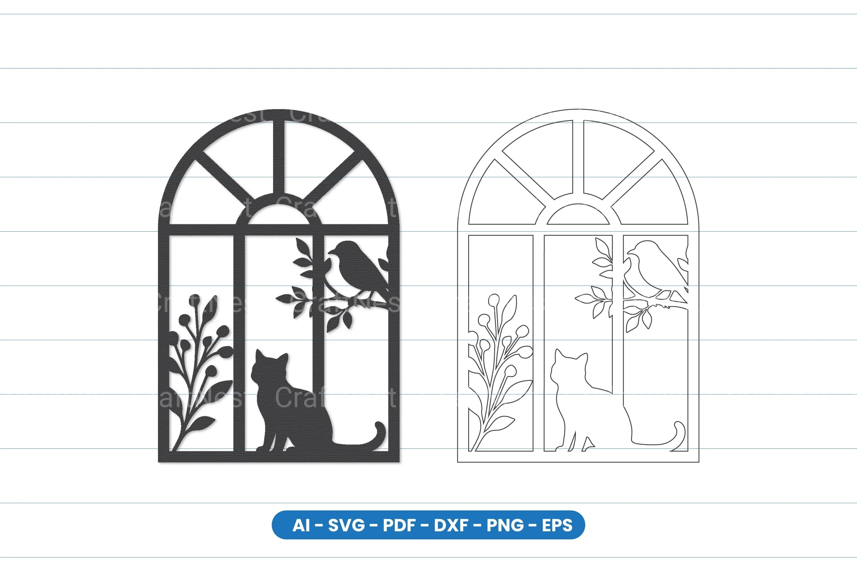 Cat and Bird Window Scene Laser Cut Clipart Bundle - CraftNest - Digital Crafting and Art