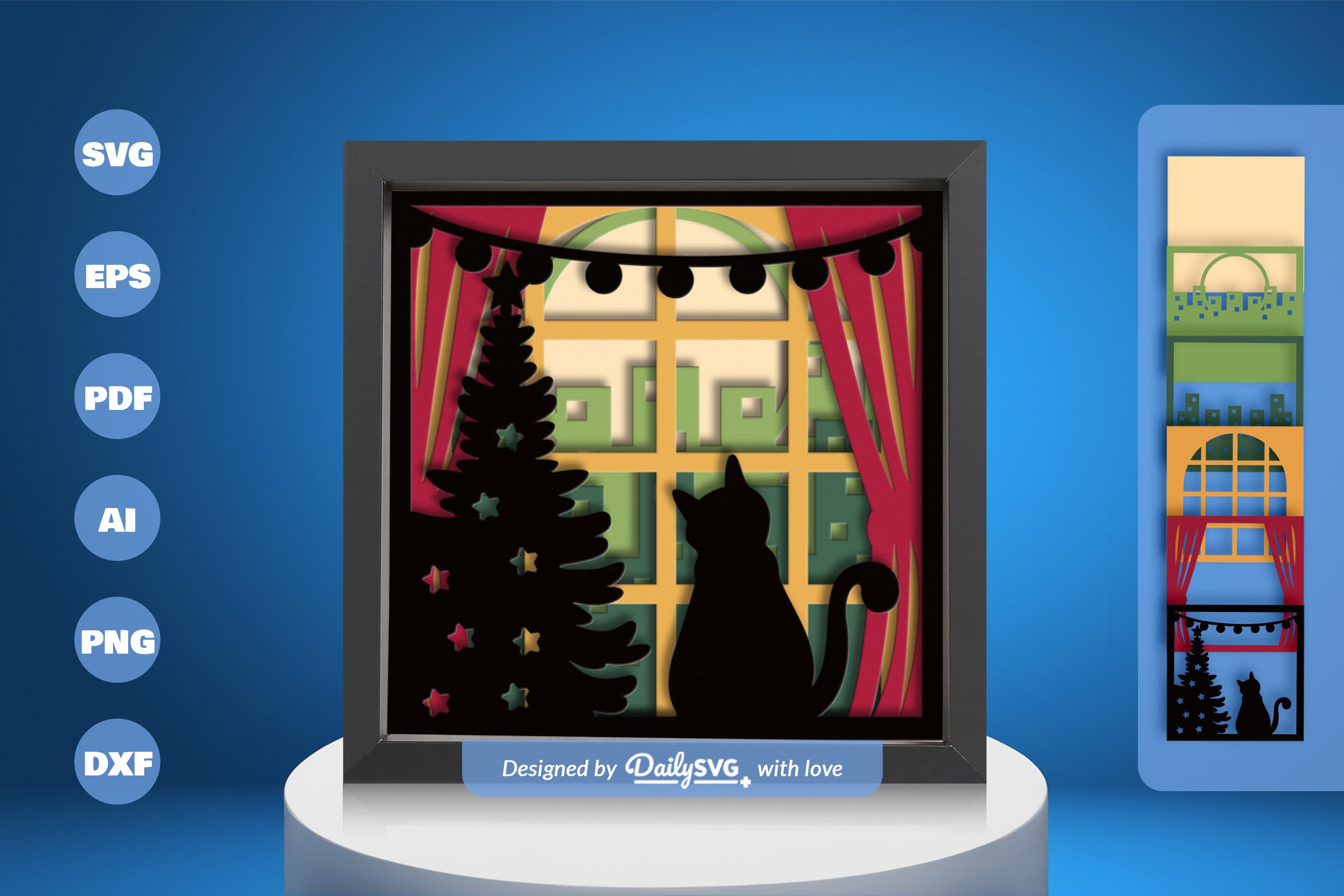 Cat on Window with City View Papercut SVG Bundle