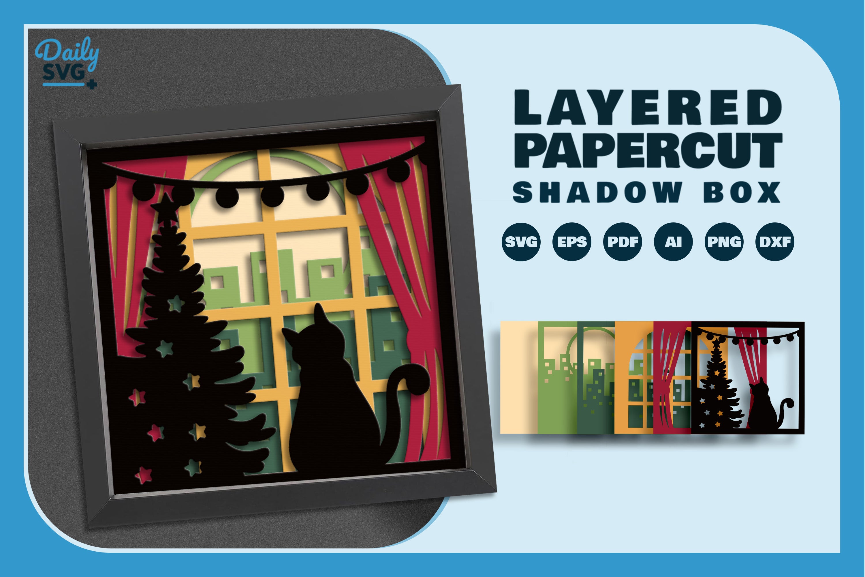 Cat on Window with City View Papercut SVG Bundle