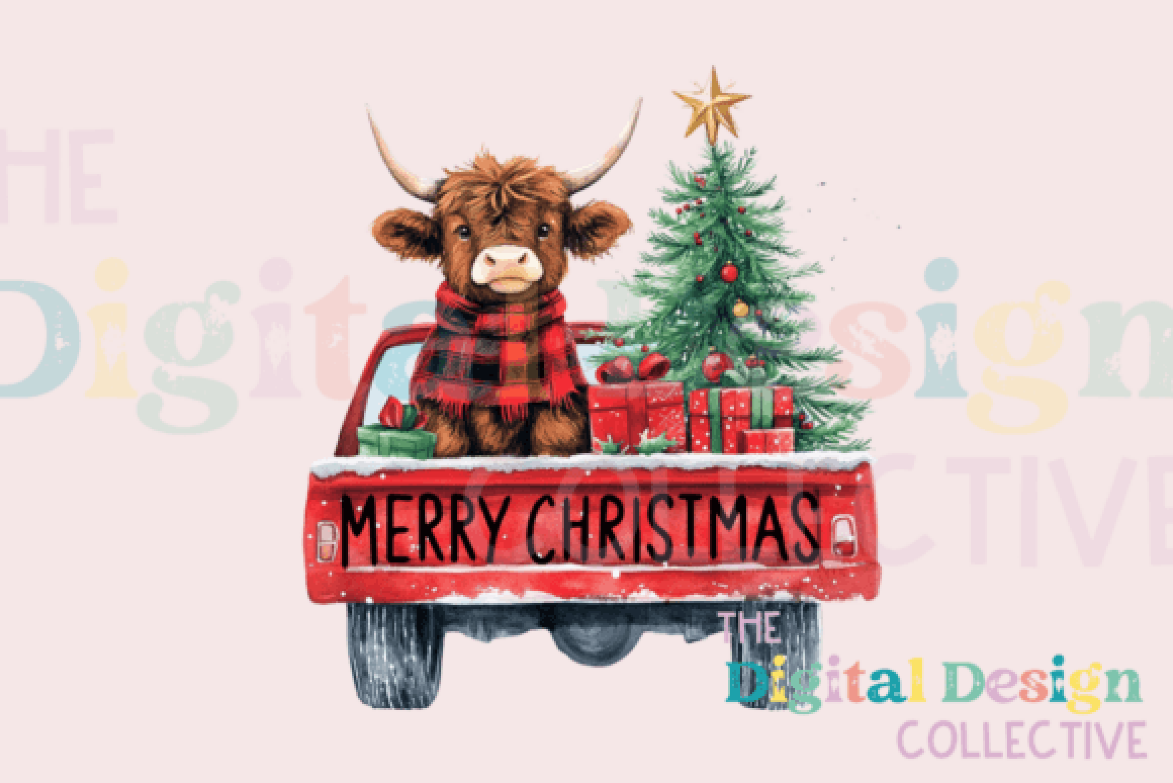 Christmas Red Truck with Highland Cow Clipart Bundle