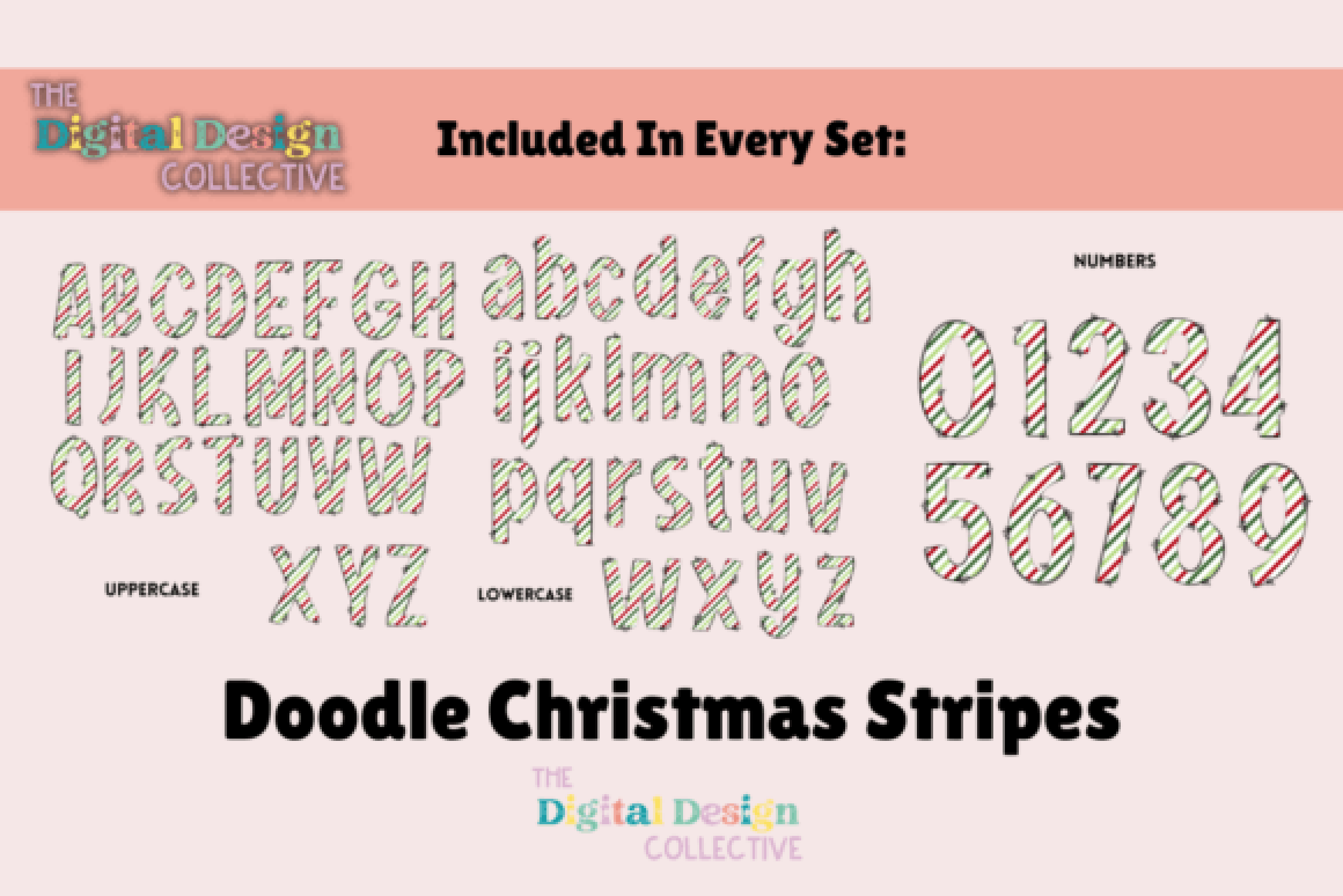 Christmas Stripes Doodle Letters Alpha Clipart Bundle