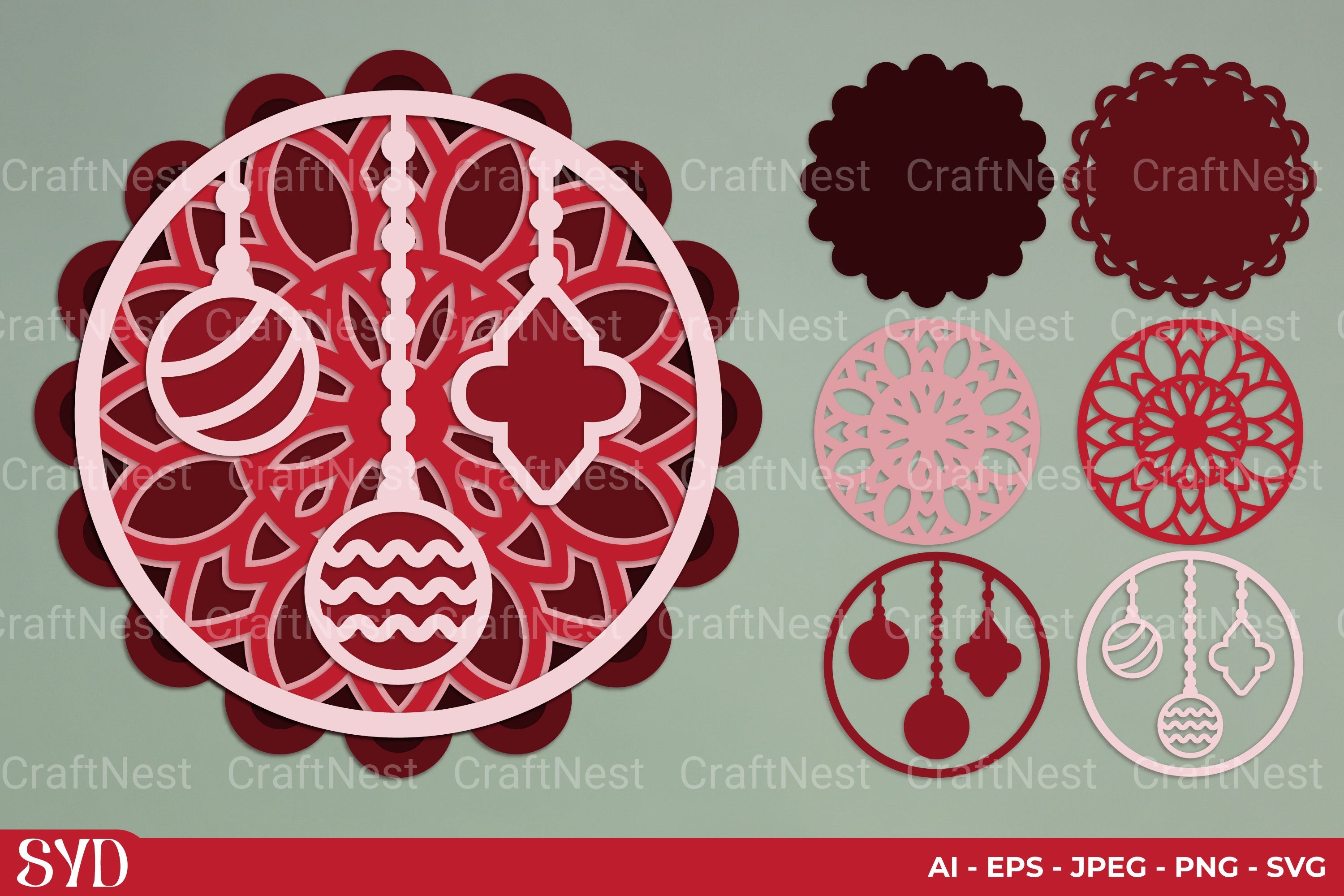 Christmas Bauble Mandala 3D Layered Papercut Clipart Bundle