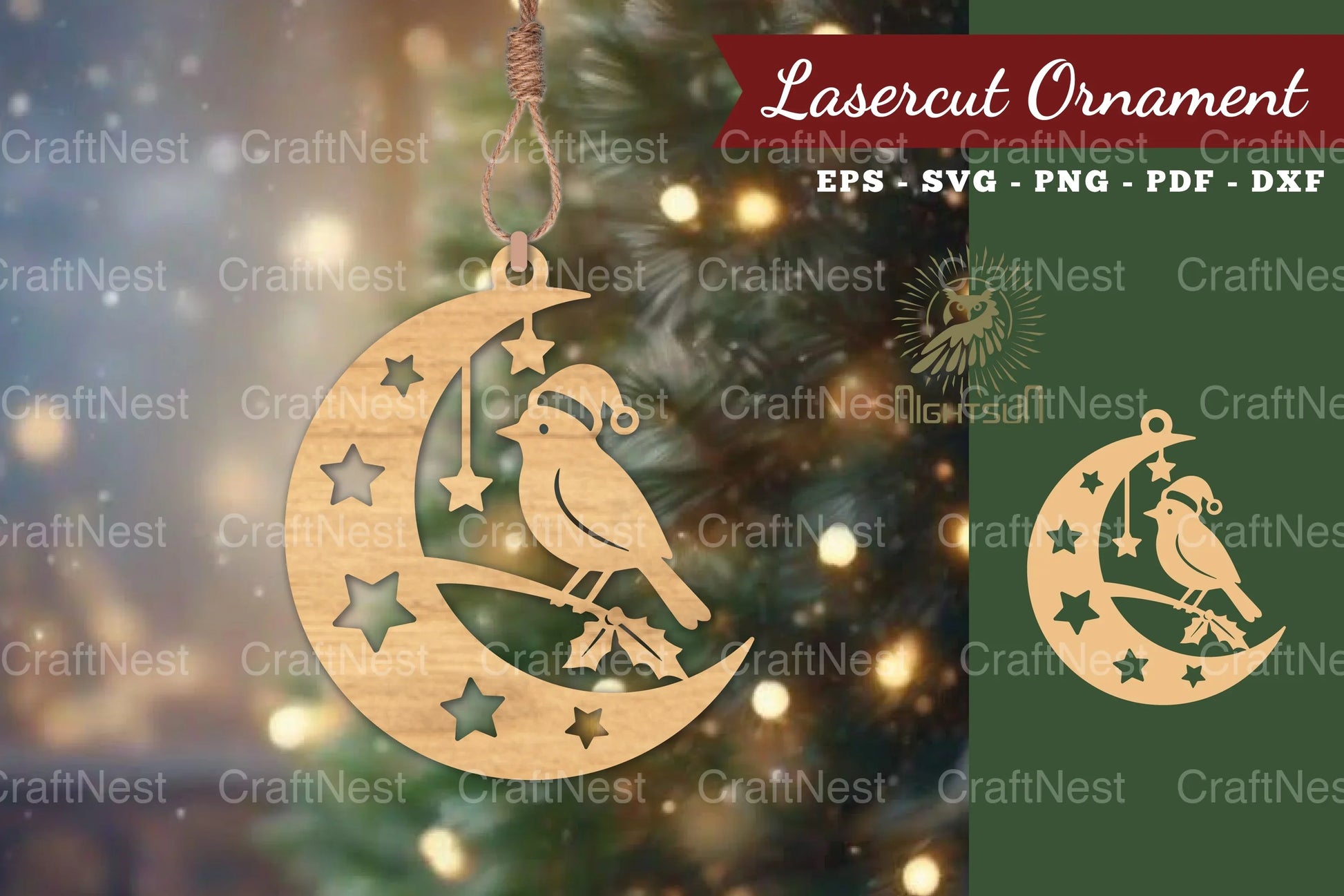 Christmas Bird in Moon Laser Cut Ornament Design Bundle - CraftNest - Digital Crafting and Art