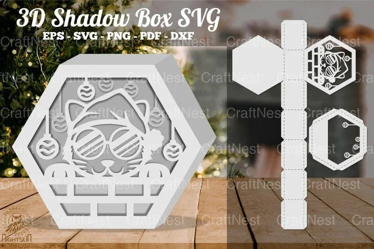 Christmas Cat Hexagon Shadow Box Clipart Bundle - CraftNest - Digital Crafting and Art