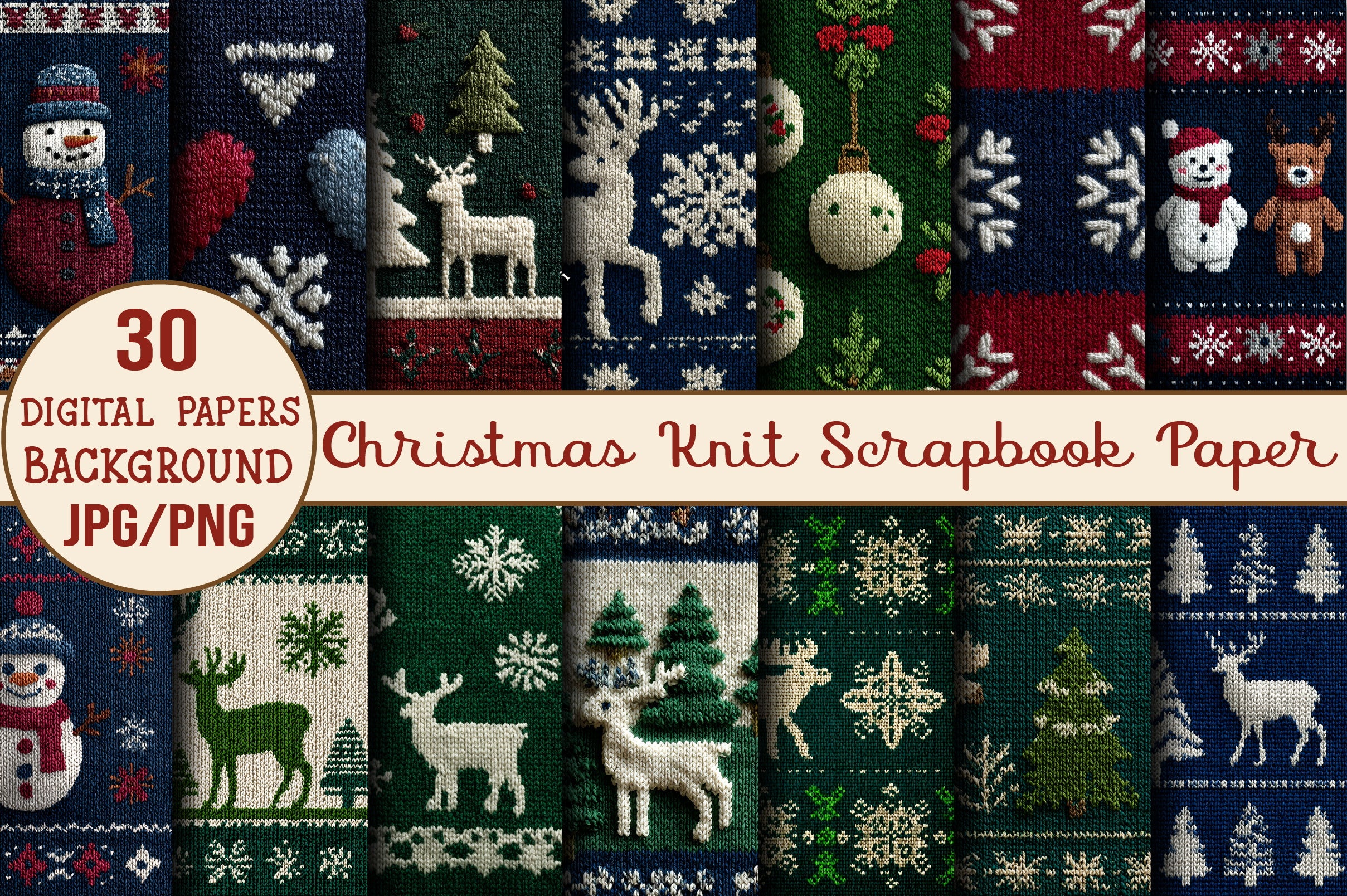 Christmas Knit Scrapbook Paper Clipart Bundle
