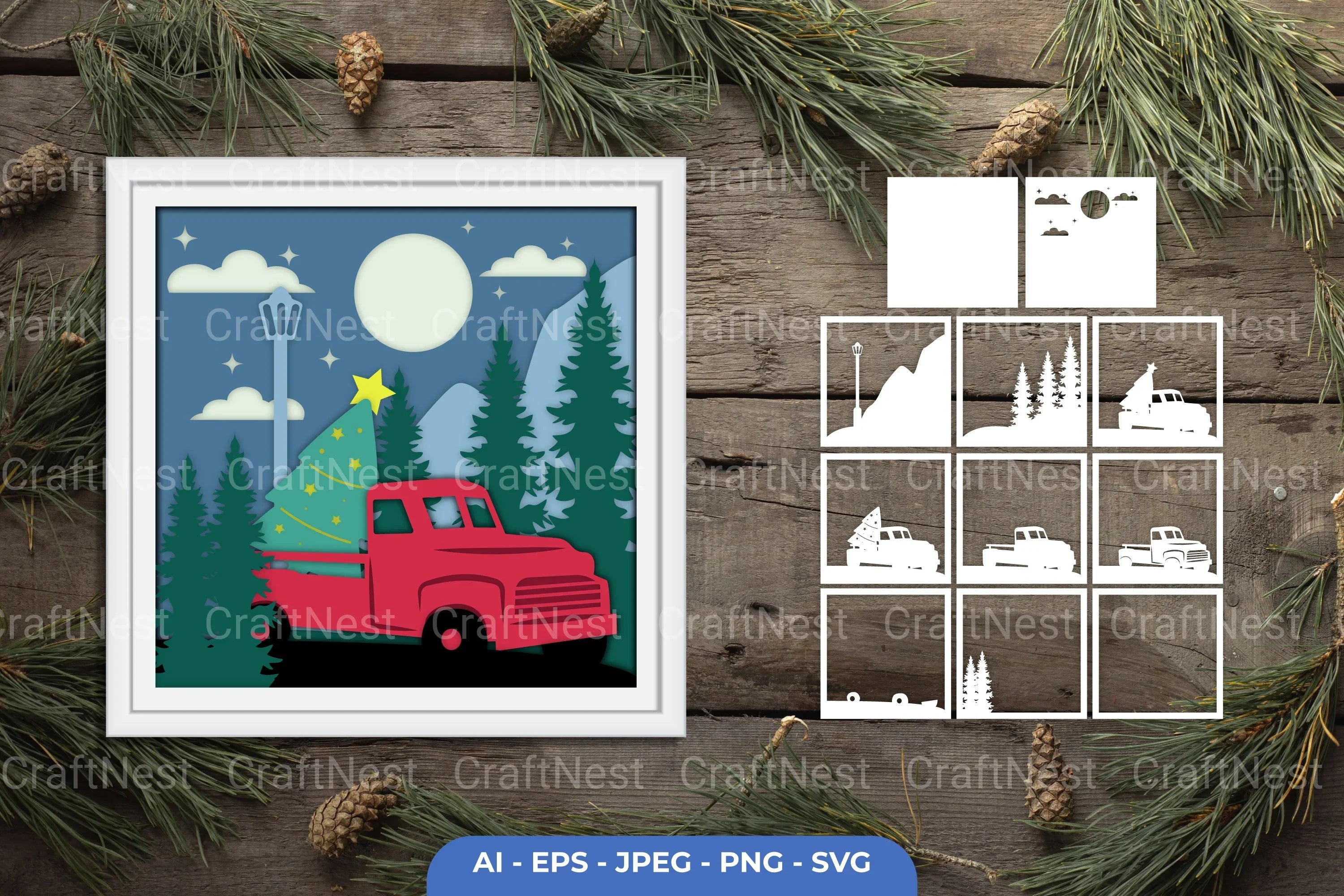 Christmas Truck in Snowy Night Papercut Clipart Bundle - CraftNest - Digital Crafting and Art