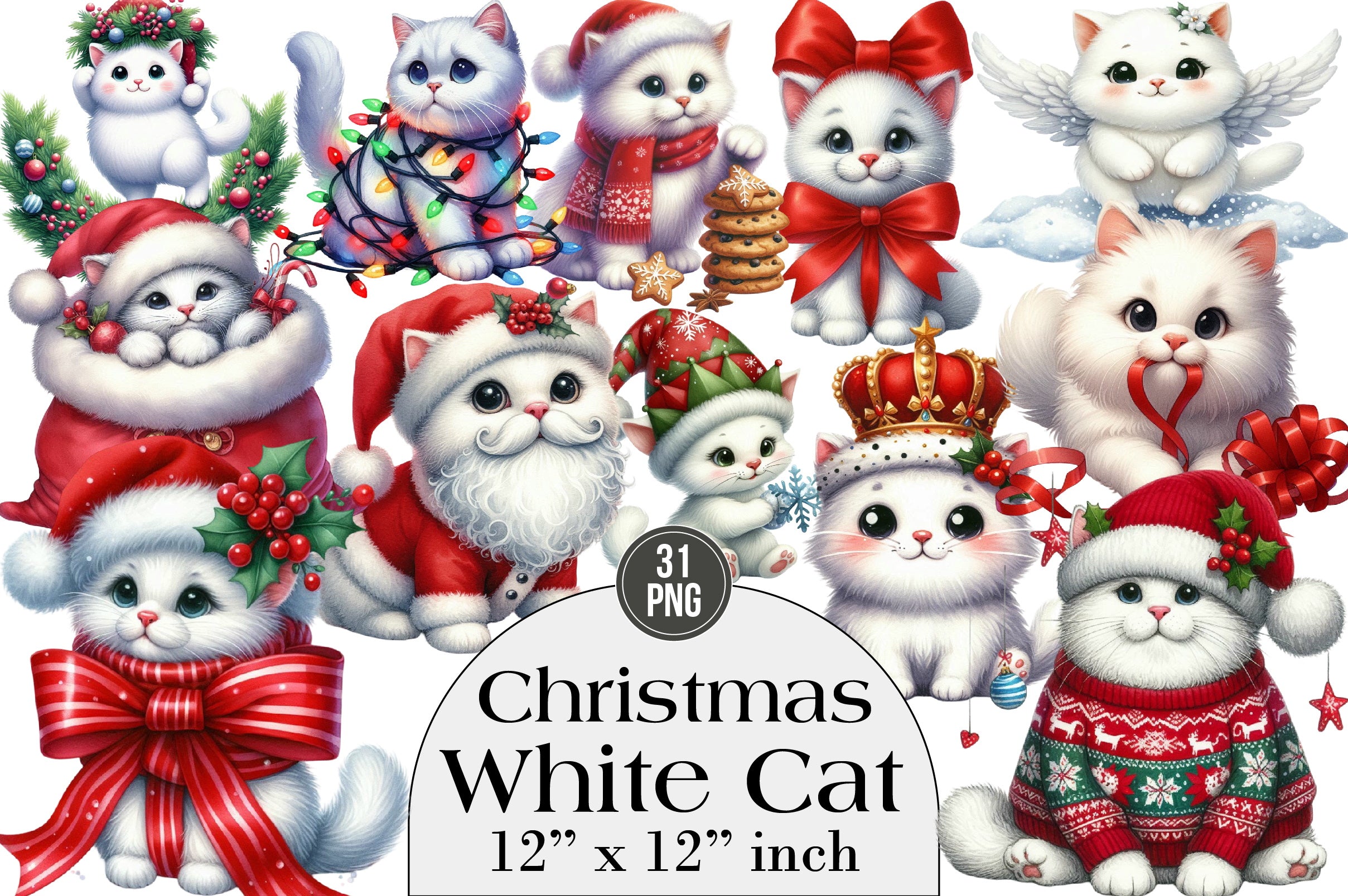 Christmas White Cat Funny Clipart Bundle