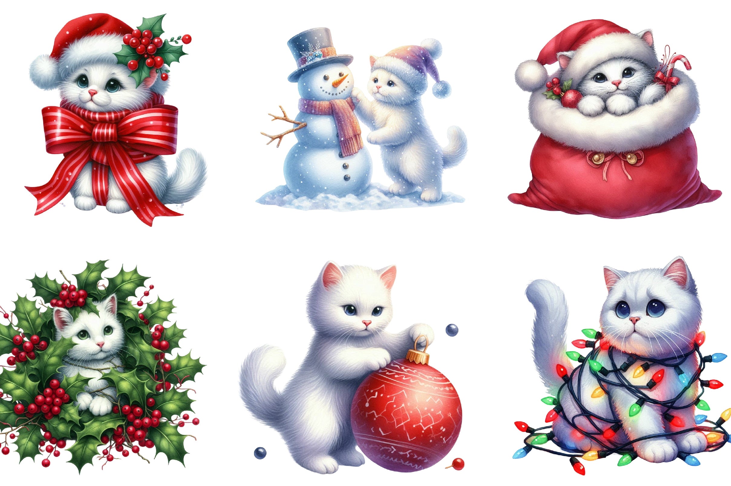 Christmas White Cat Funny Clipart Bundle