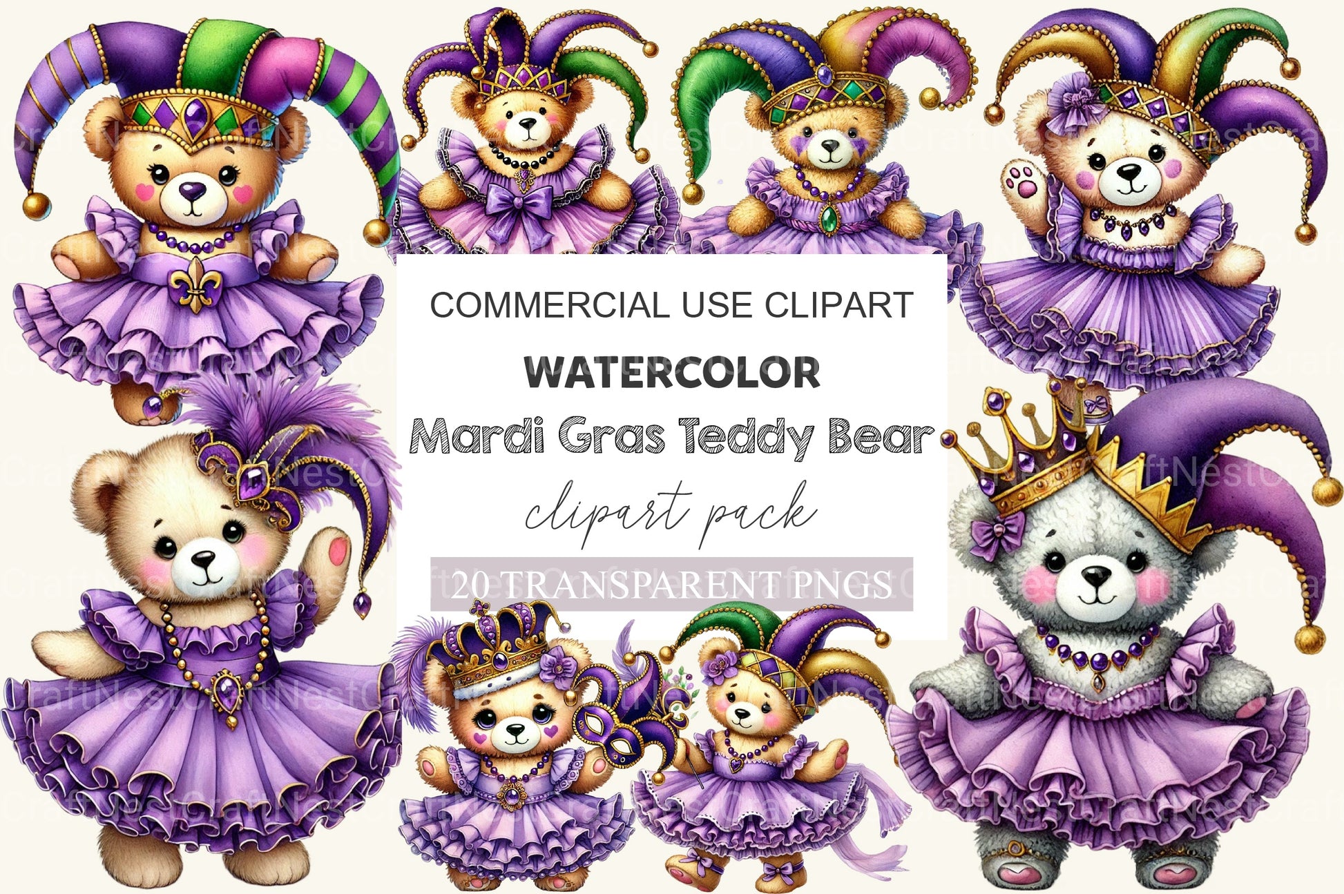 Mardi Gras Teddy Bear Clipart Bundle 1 - CraftNest - Digital Crafting and Art
