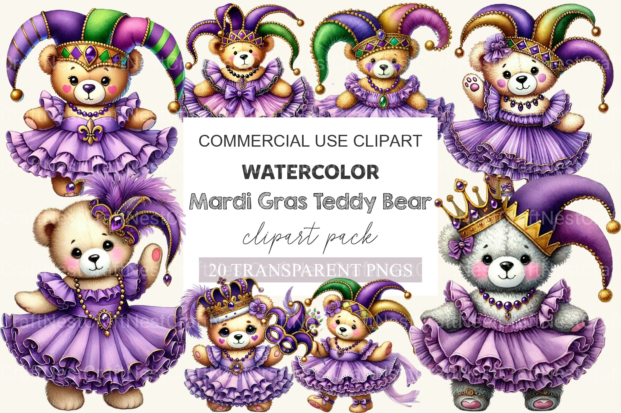 Mardi Gras Teddy Bear Clipart Bundle 1 - CraftNest - Digital Crafting and Art