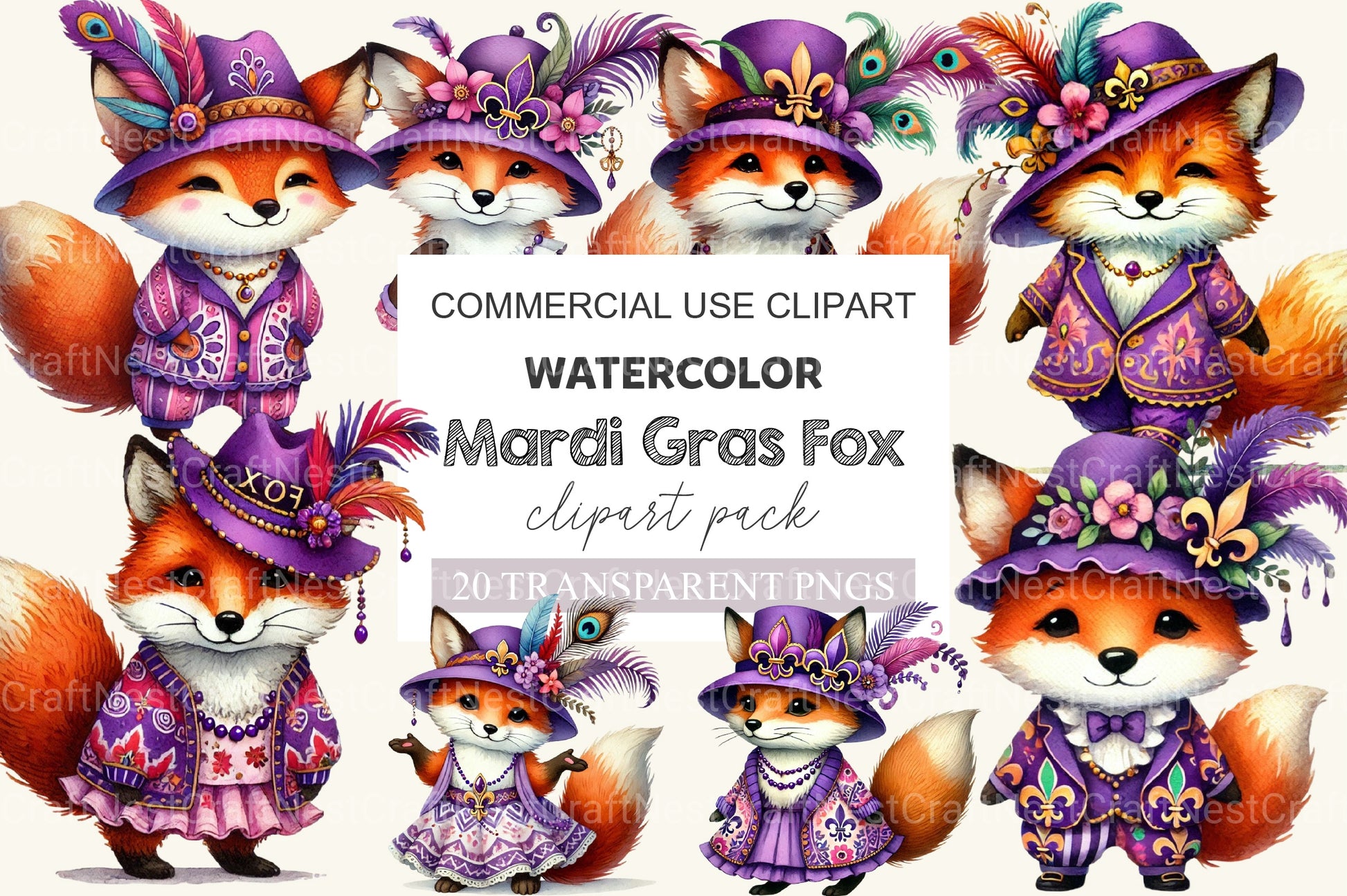 Mardi Gras Fox Clipart Bundle - CraftNest - Digital Crafting and Art