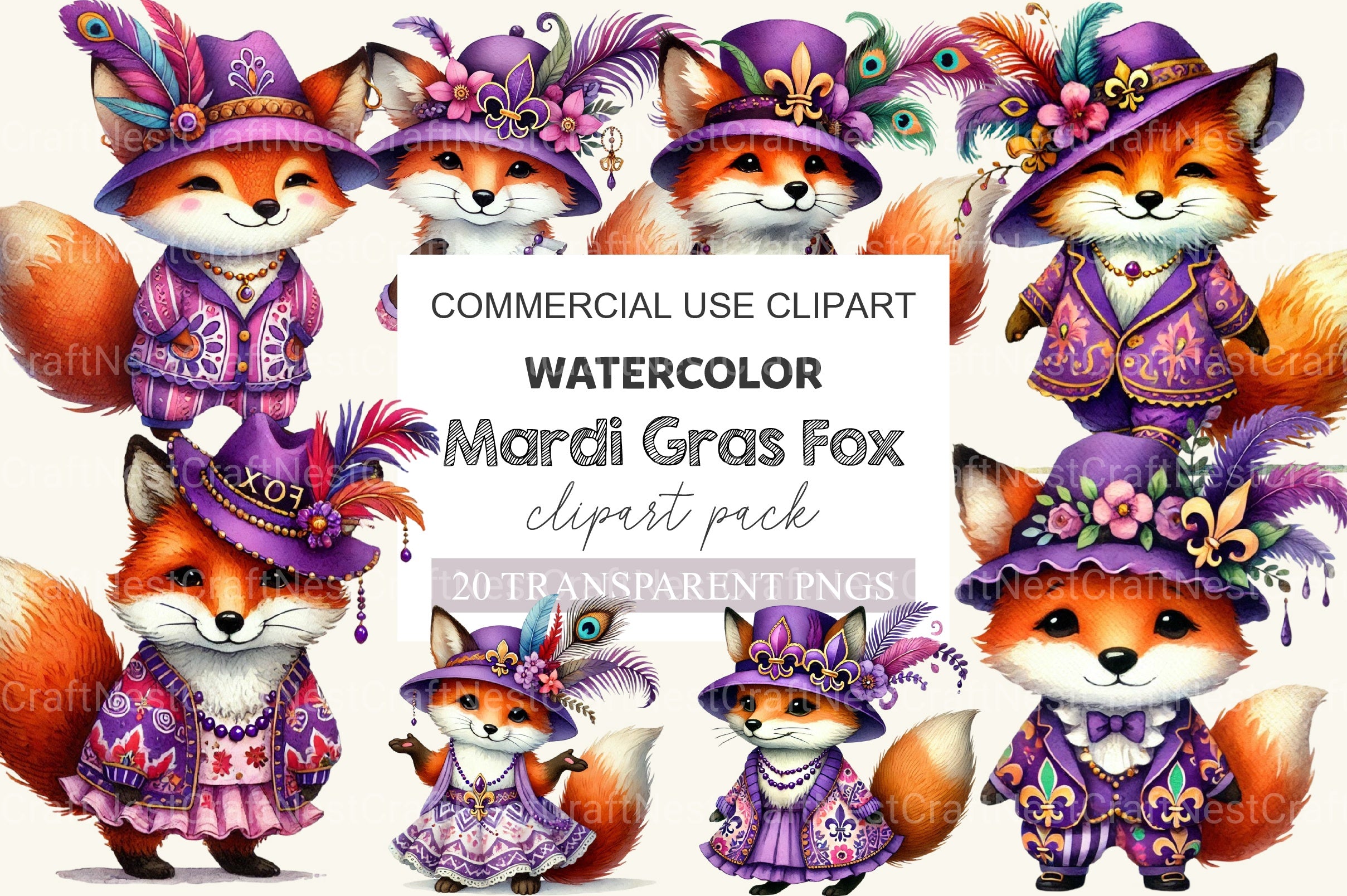 Mardi Gras Fox Clipart Bundle - CraftNest - Digital Crafting and Art
