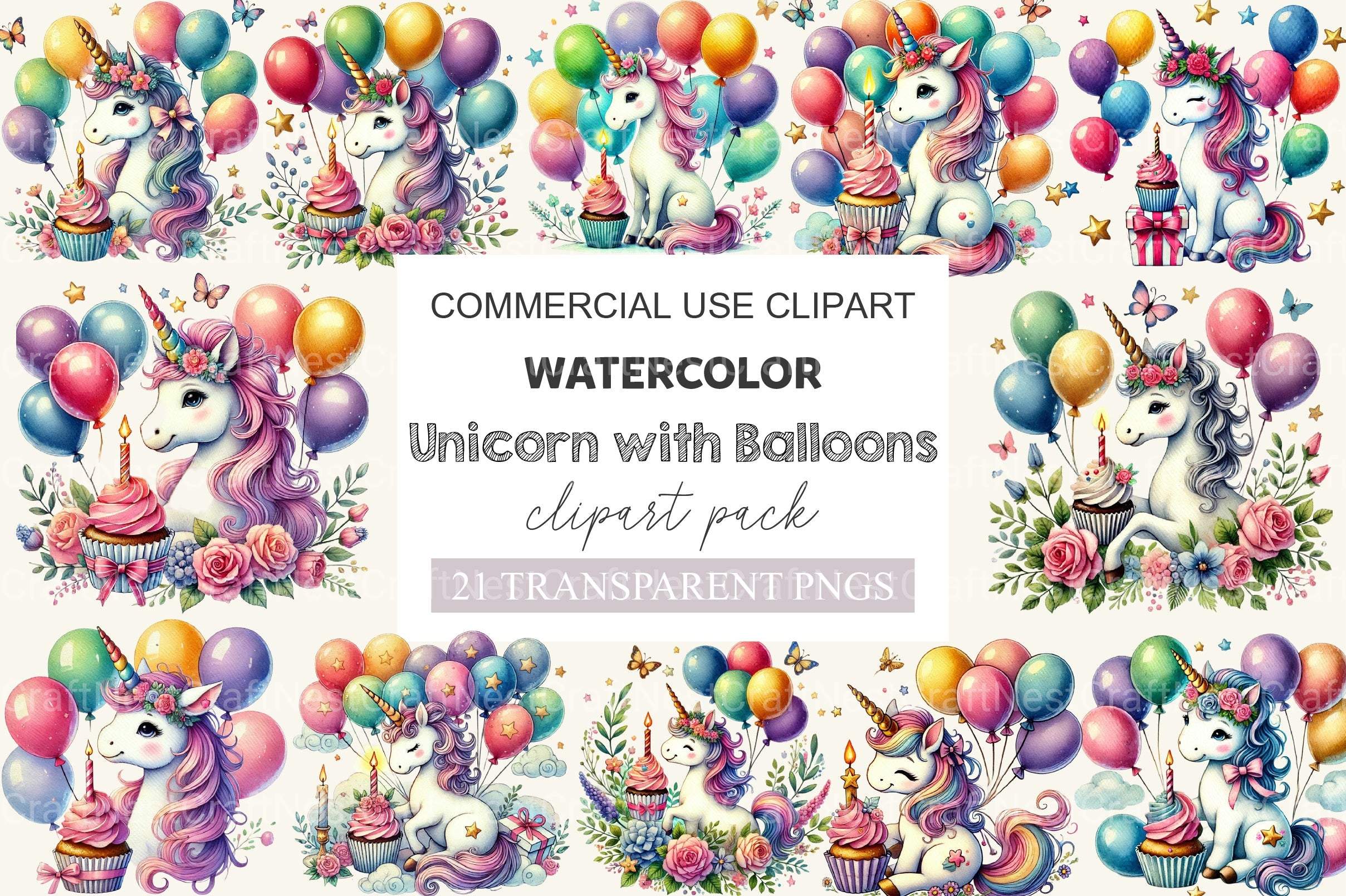 Colorful Baby Unicorn With Balloons Clipart Bundle - CraftNest - Digital Crafting and Art