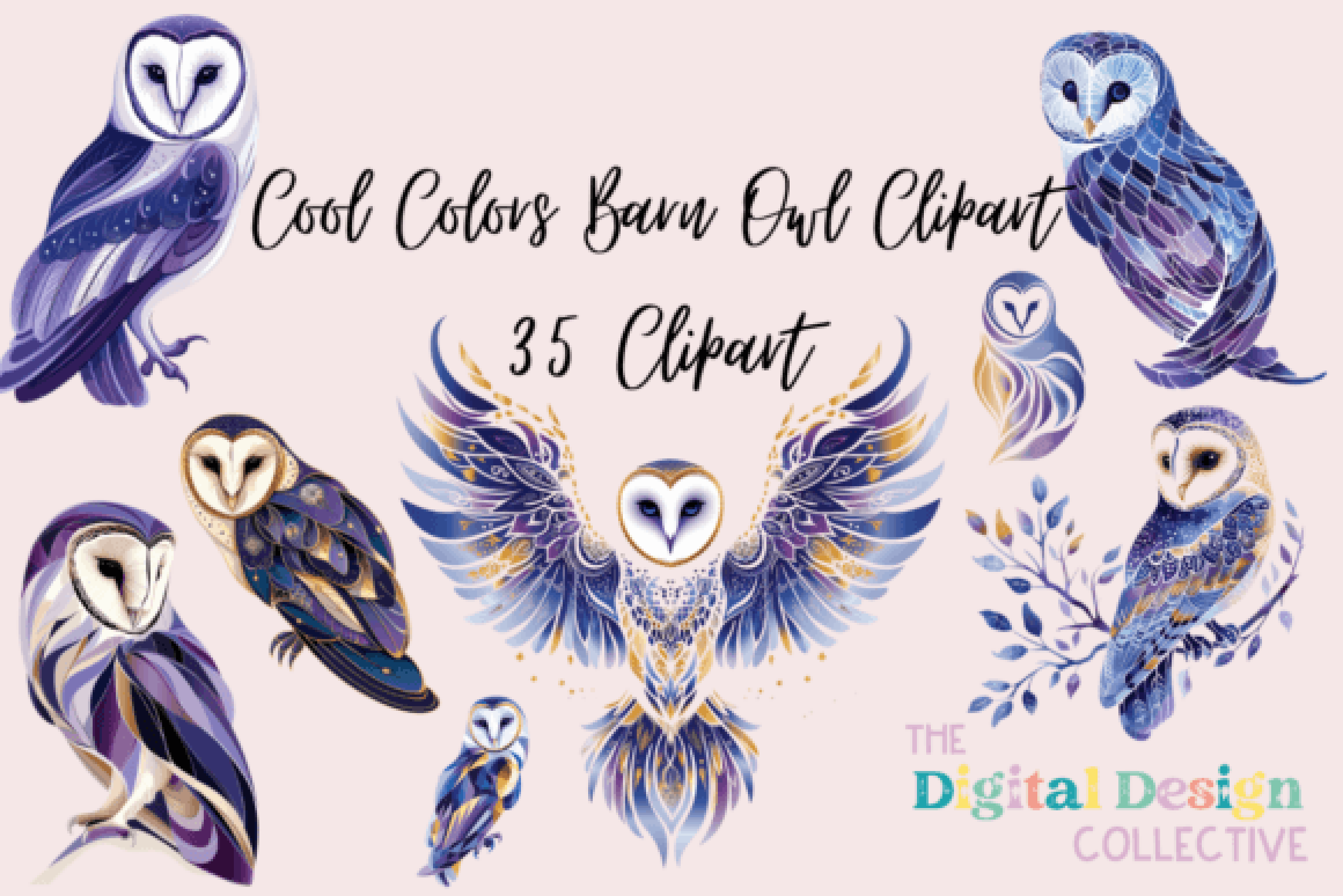 Cool Colors Barn Owl Clipart Bundle