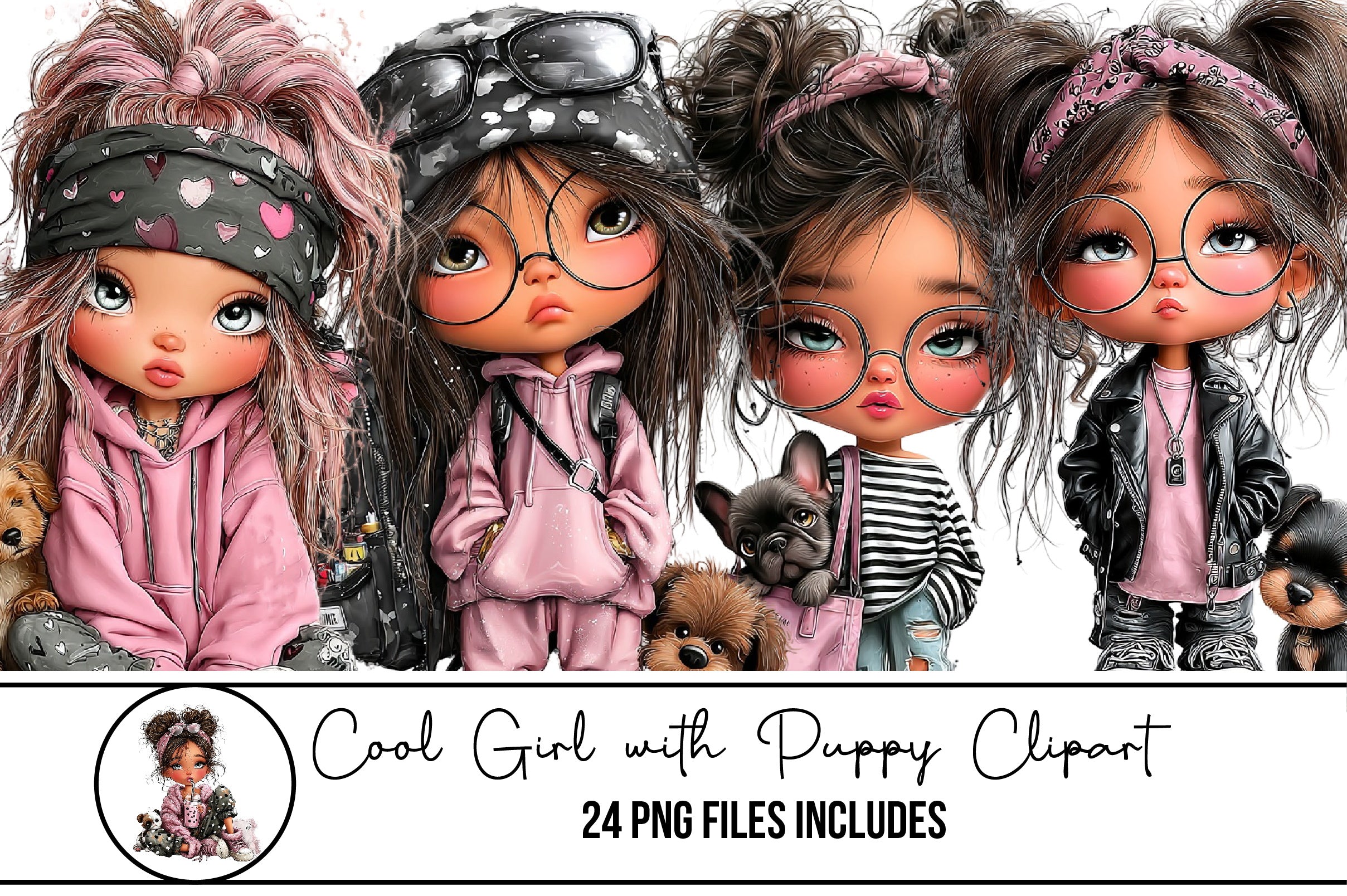 Cool Girl with Puppy Clipart Bundle