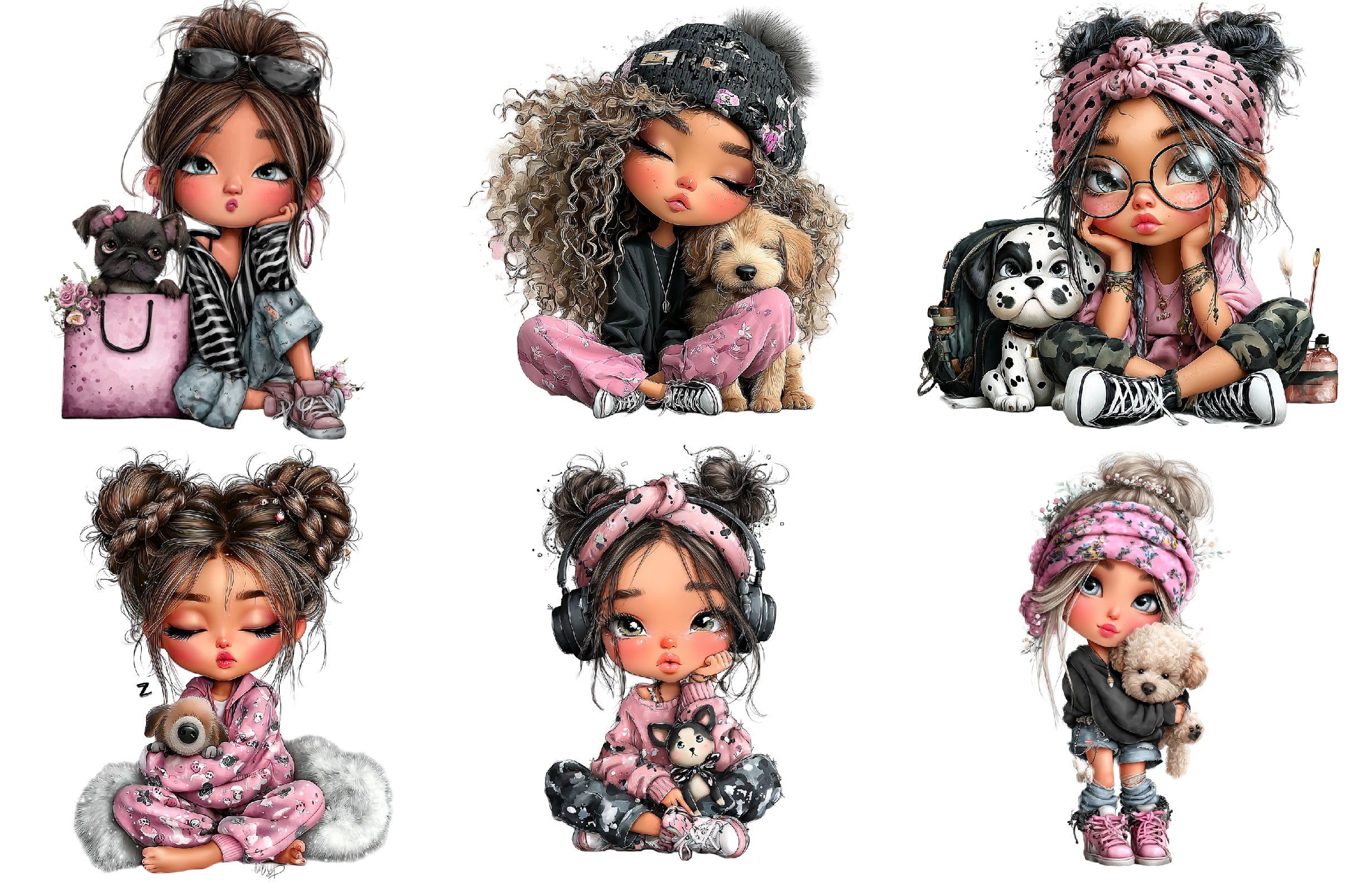 Cool Girl with Puppy Clipart Bundle