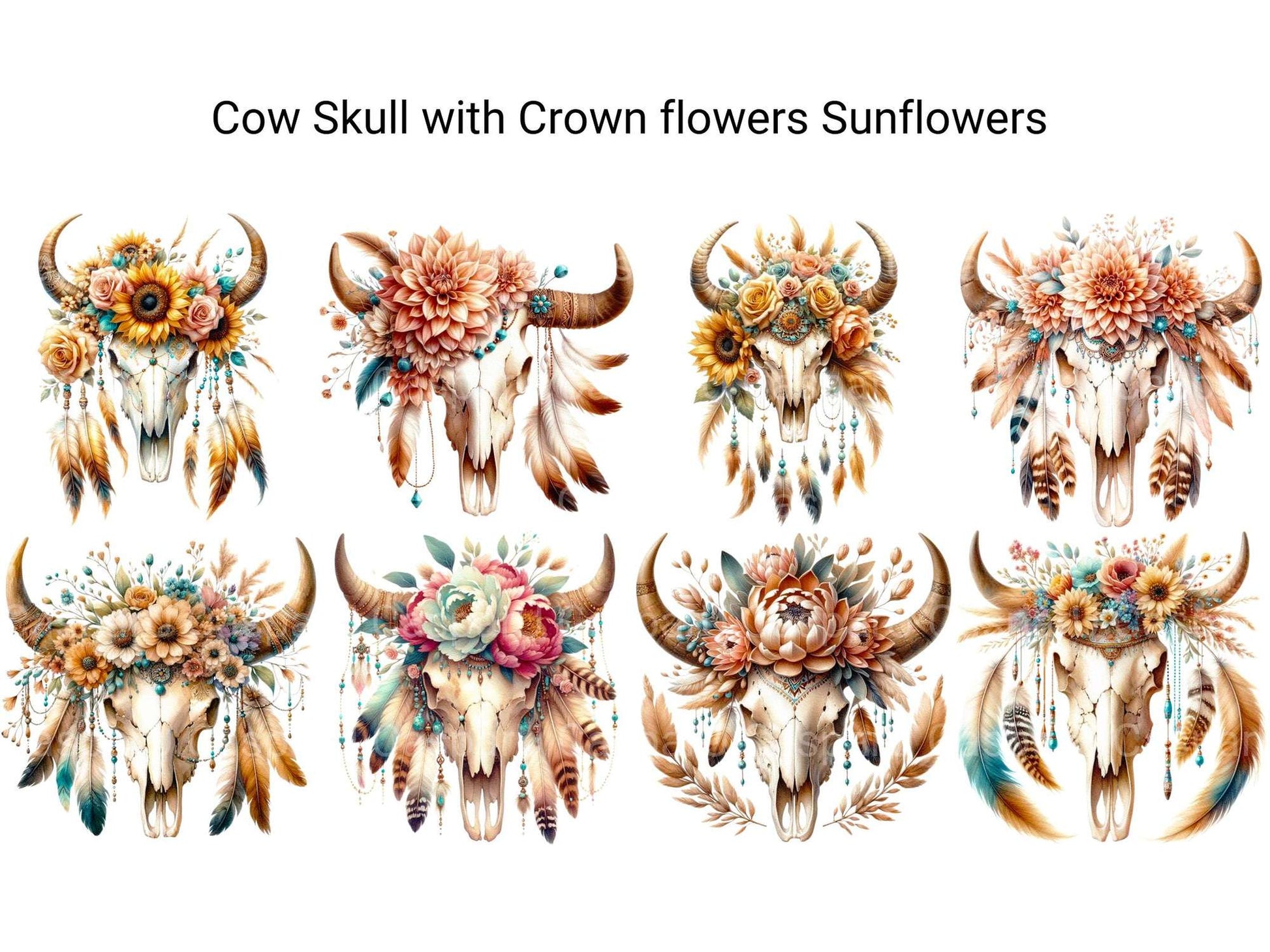 Cow Skull with Crown Flowers and Sunflowers - CraftNest - Digital Crafting and Art
