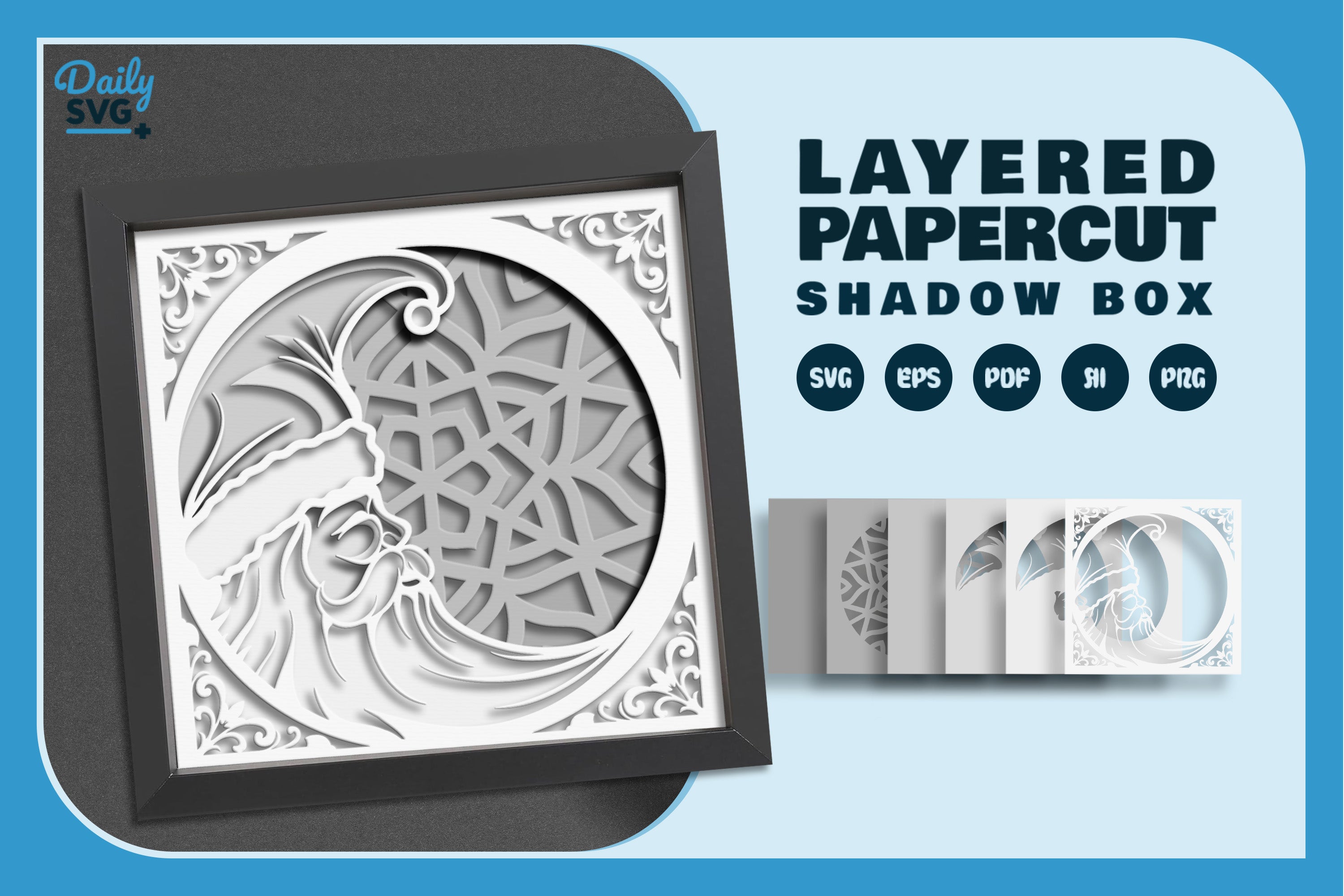 Crescent Moon Santa Claus White Papercut SVG Bundle