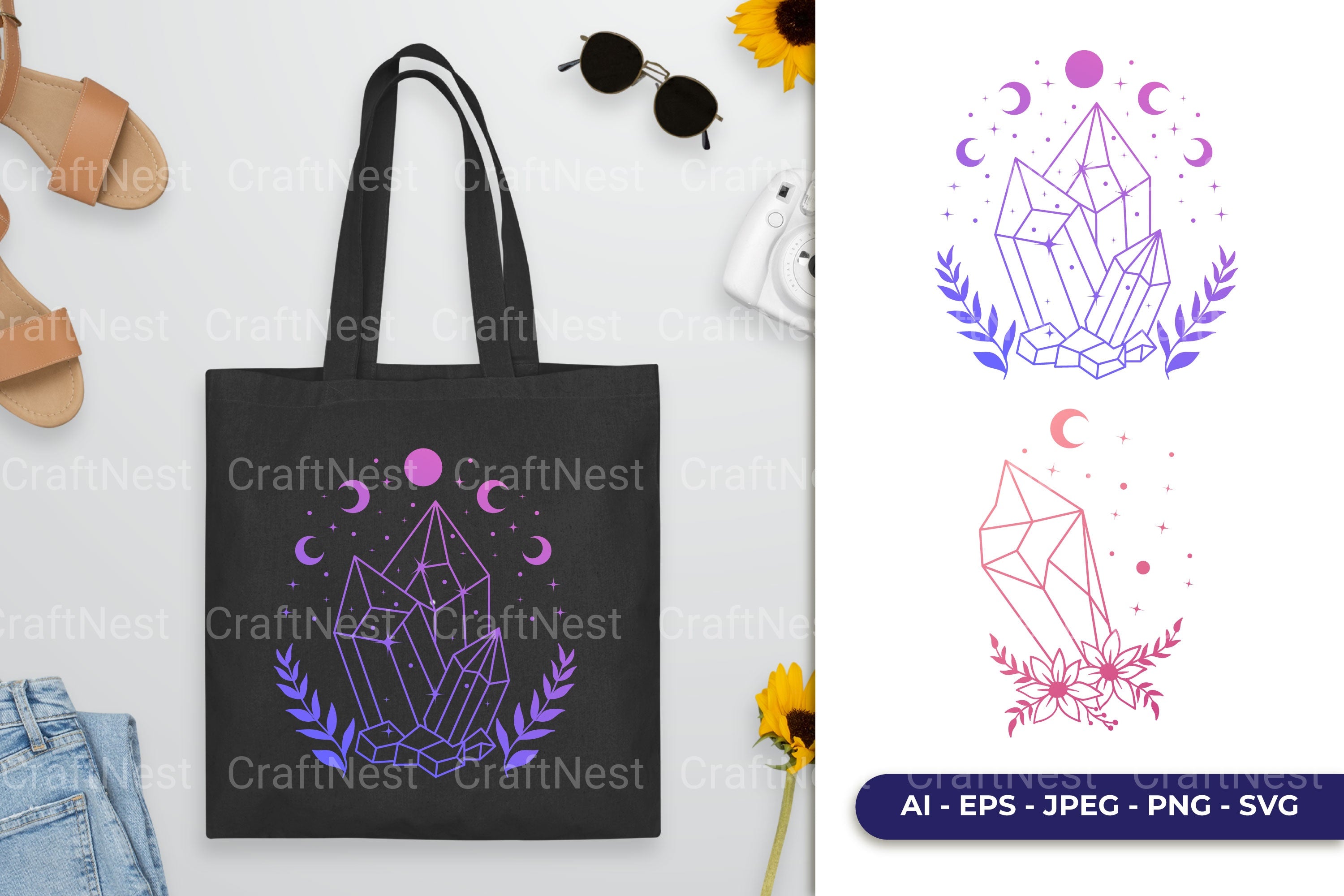 Crystal Magical Flower Gradient Color Clipart Bundle