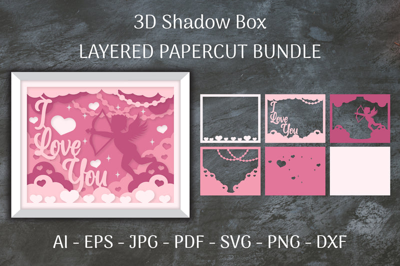 Cupid I Love You 3D Shadow Box Papercut SVG Bundle - CraftNest - Digital Crafting and Art