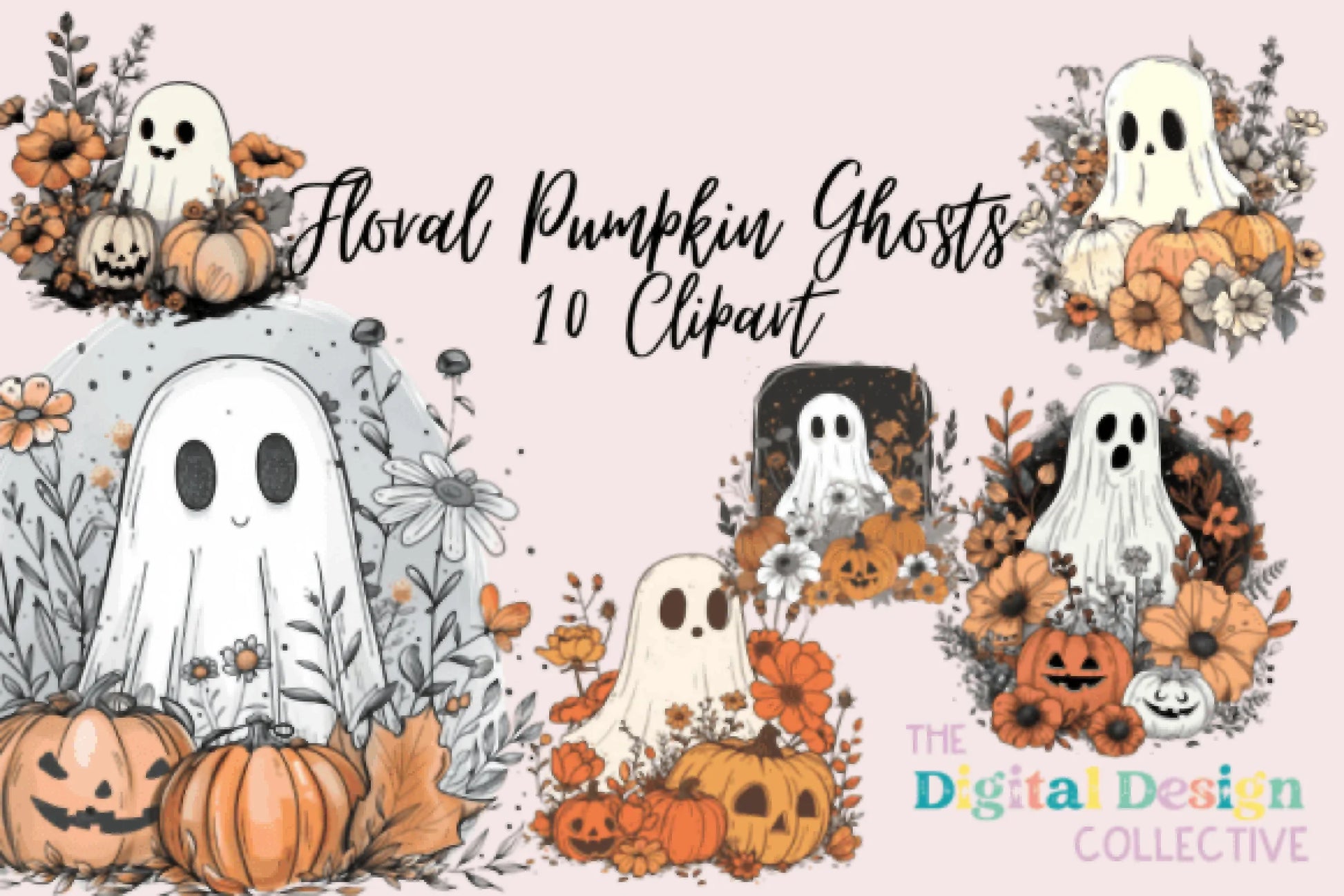 Cute Halloween Fall Floral Ghosts Clipart Bundle - CraftNest - Digital Crafting and Art