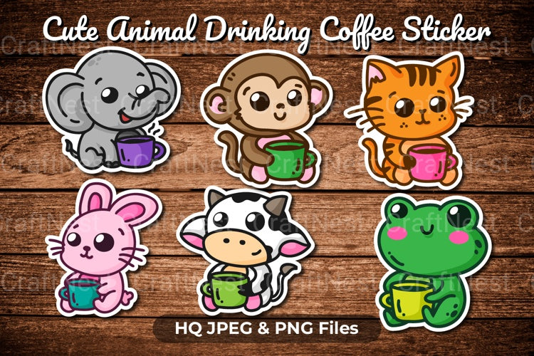 Cute Animals Drinking Coffee Clipart Bundle