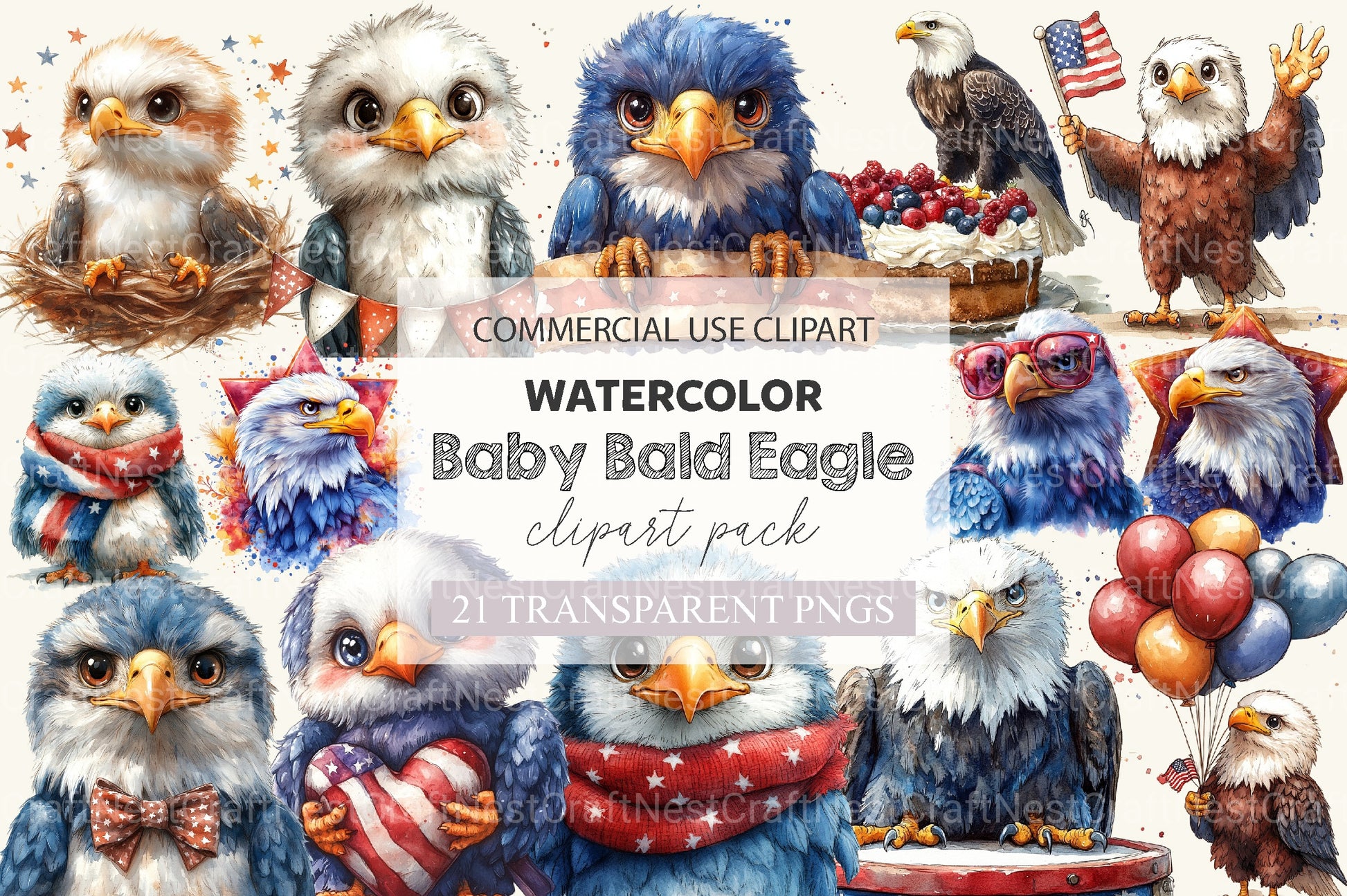 Cute Baby Bald Eagle 4th Of July Clipart Bundle 2 - CraftNest - Digital Crafting and Art