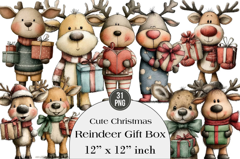 Cute Christmas Reindeer Gift Box Clipart Bundle - CraftNest - Digital Crafting and Art