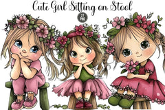 Cute Girl Sitting on Stool Clipart Bundle - CraftNest - Digital Crafting and Art