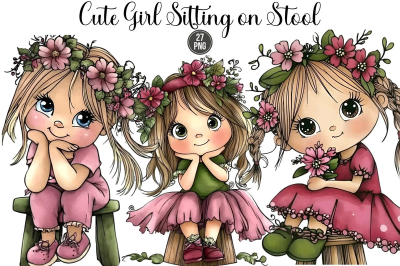 Cute Girl Sitting on Stool Clipart Bundle - CraftNest - Digital Crafting and Art