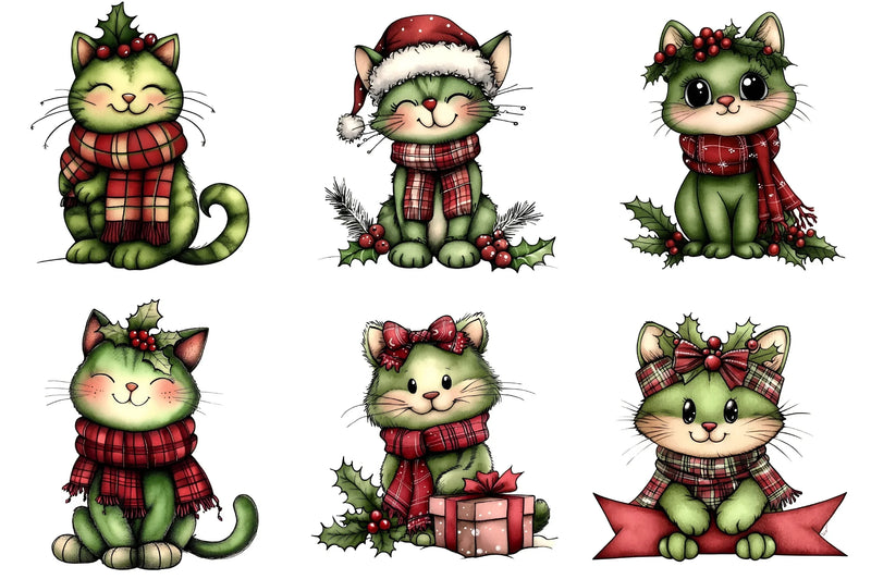 Cute Green Cat Christmas Clipart Bundle - CraftNest - Digital Crafting and Art