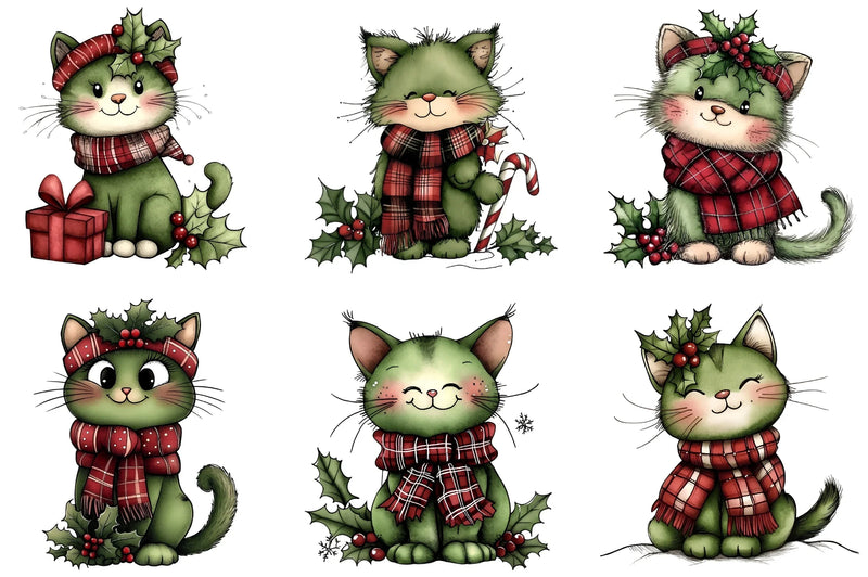Cute Green Cat Christmas Clipart Bundle - CraftNest - Digital Crafting and Art