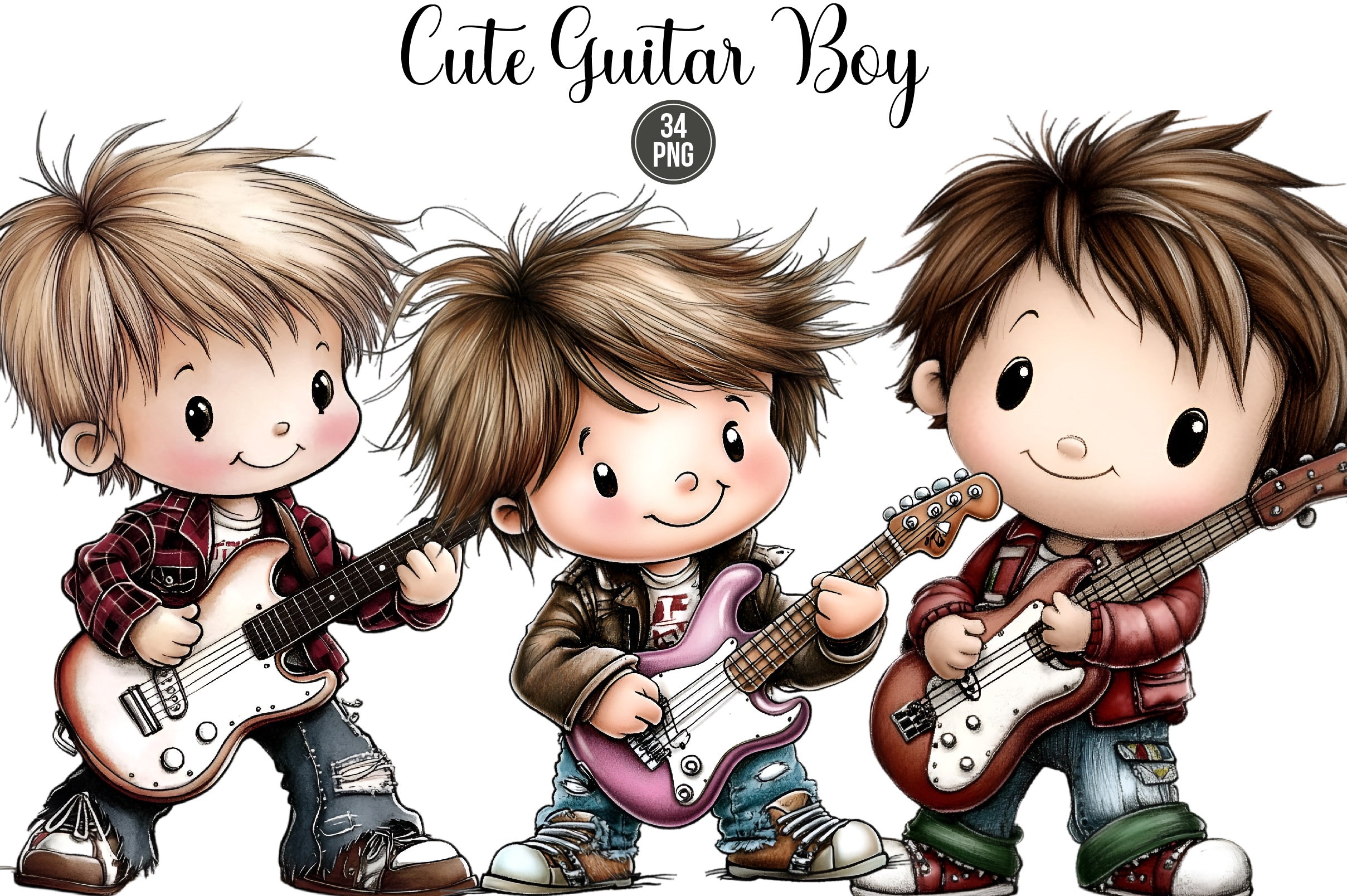 Cute Guitar Boy Clipart Bundle