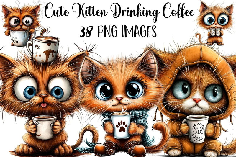 Cute Kitten Drinking Coffee Clipart Bundle - CraftNest - Digital Crafting and Art