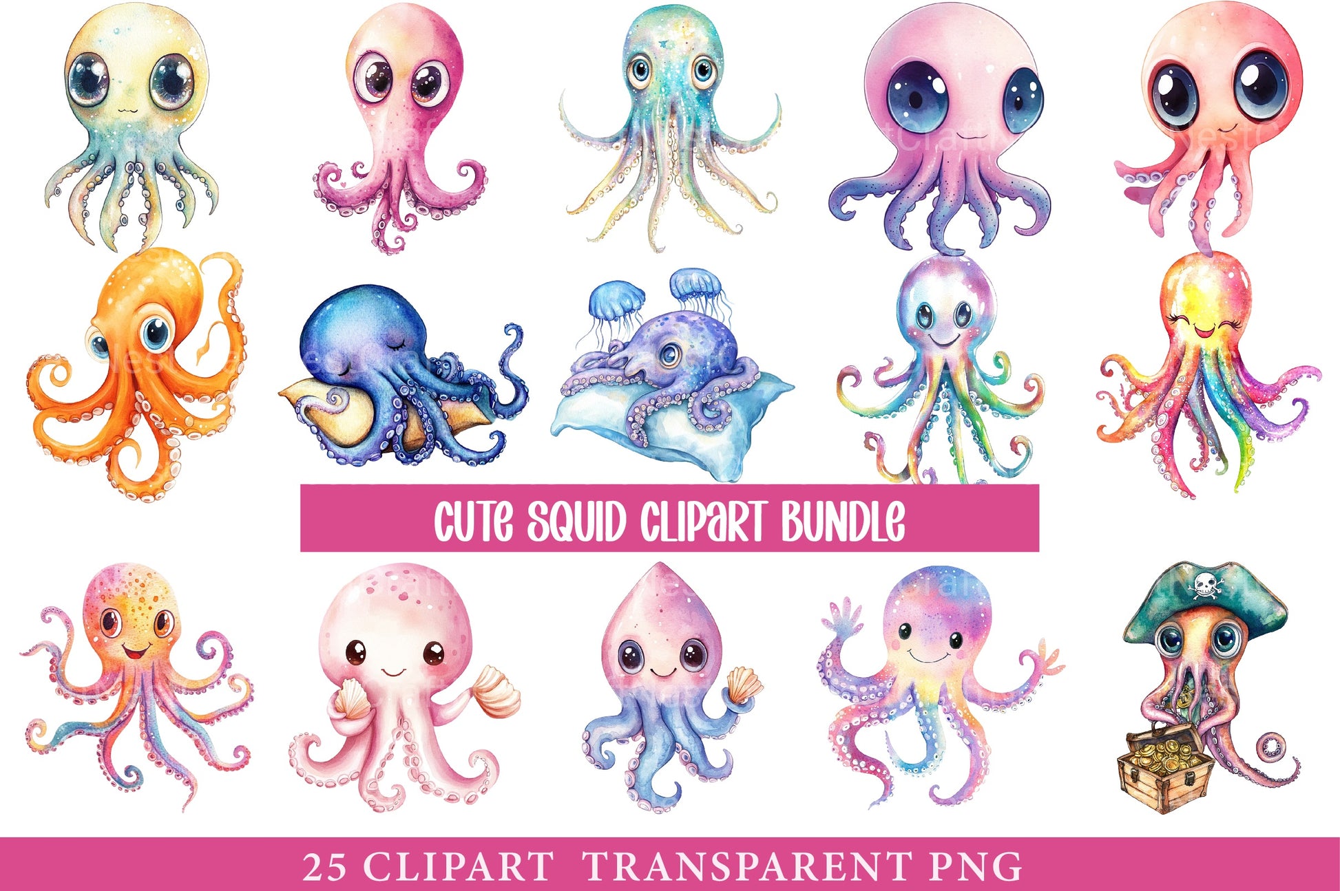 Cute Squid Clipart Bundle 1 - CraftNest - Digital Crafting and Art