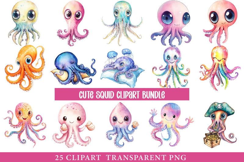 Cute Squid Clipart Bundle 1 - CraftNest - Digital Crafting and Art