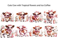 Cute Cow with Tropical Flowers and Iced Coffee - CraftNest - Digital Crafting and Art