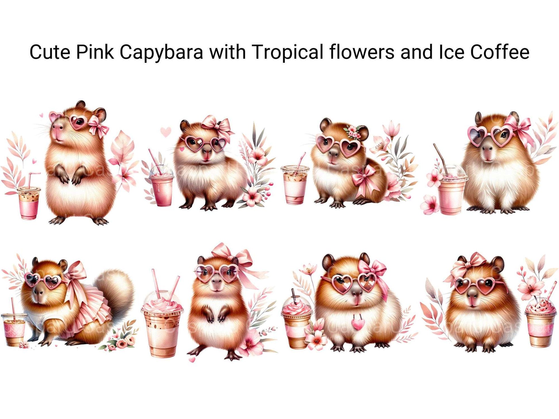 Cute Pink Capybara with Tropical Flowers and Iced Coffee - CraftNest - Digital Crafting and Art