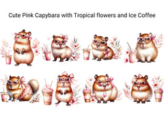 Cute Pink Capybara with Tropical Flowers and Iced Coffee - CraftNest - Digital Crafting and Art