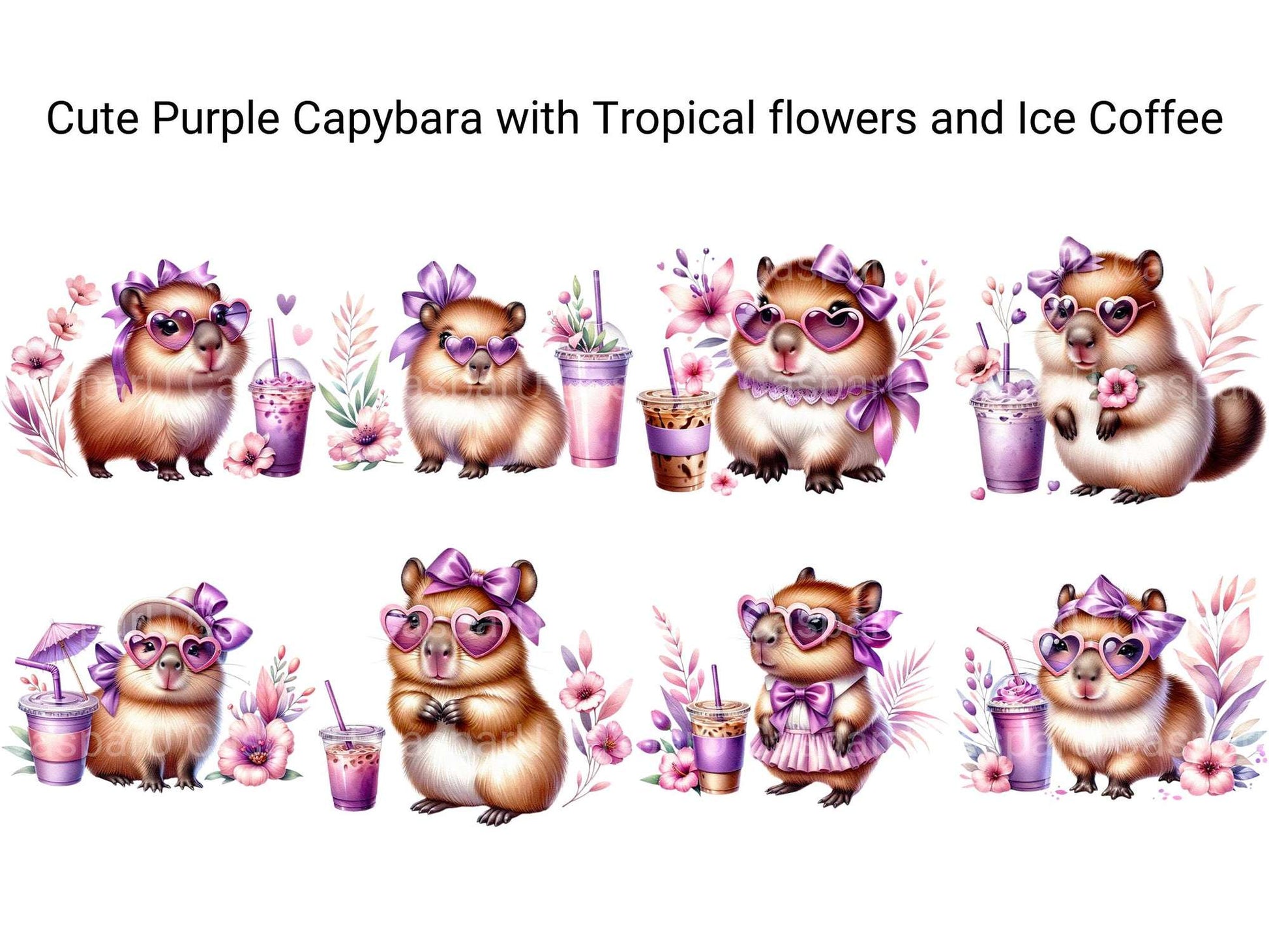 Cute Purple Capybara with Tropical Flowers and Iced Coffee - CraftNest - Digital Crafting and Art
