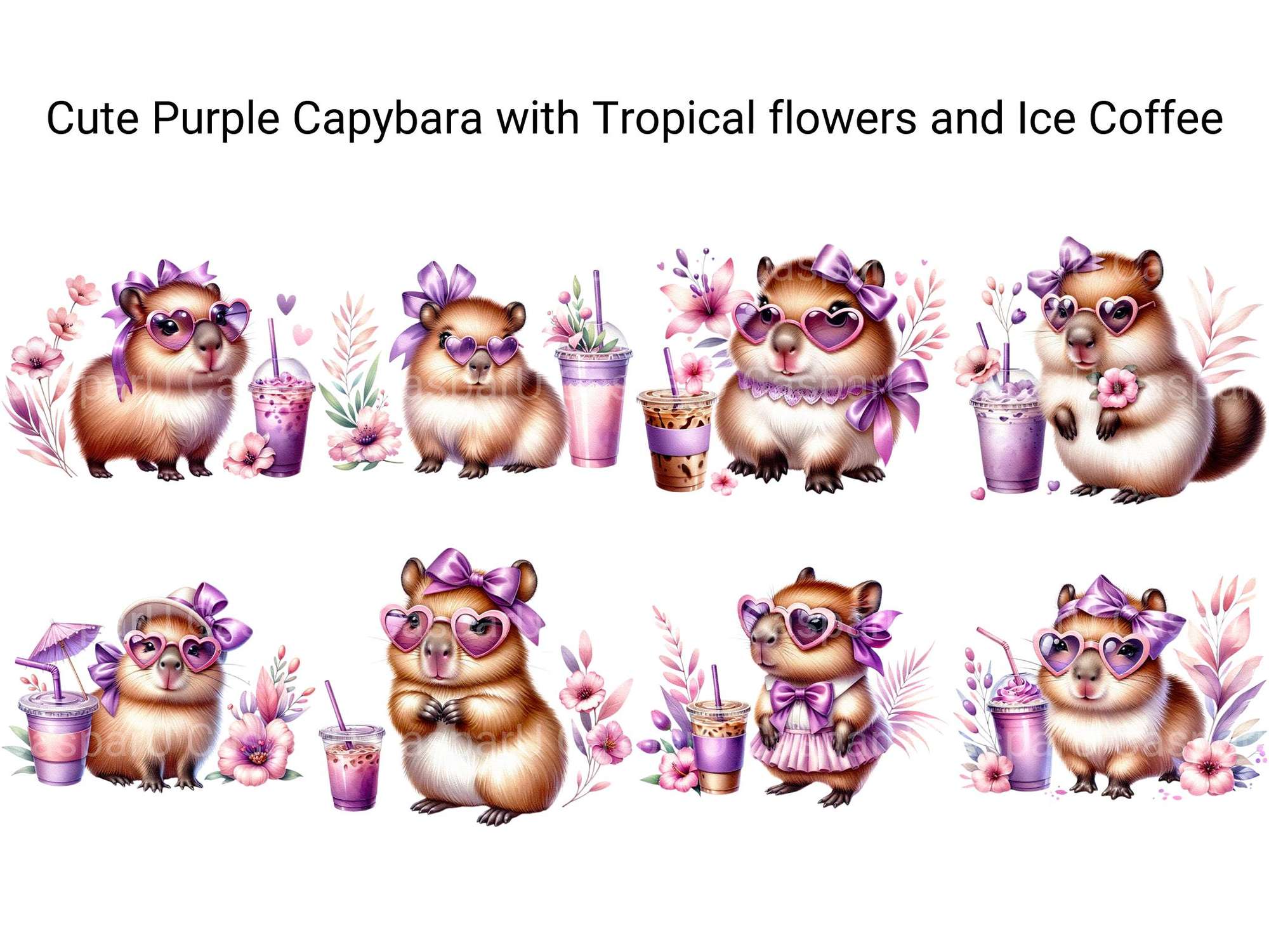 Cute Purple Capybara with Tropical Flowers and Iced Coffee - CraftNest - Digital Crafting and Art