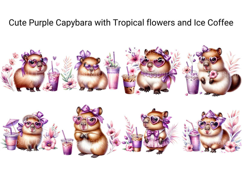 Cute Purple Capybara with Tropical Flowers and Iced Coffee - CraftNest - Digital Crafting and Art