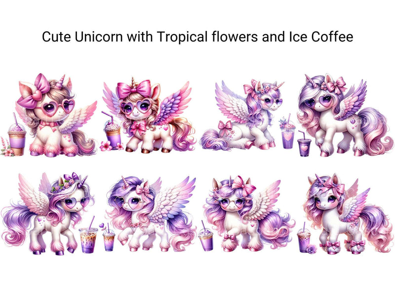 Cute Unicorn with Tropical Flowers and Iced Coffee - CraftNest - Digital Crafting and Art